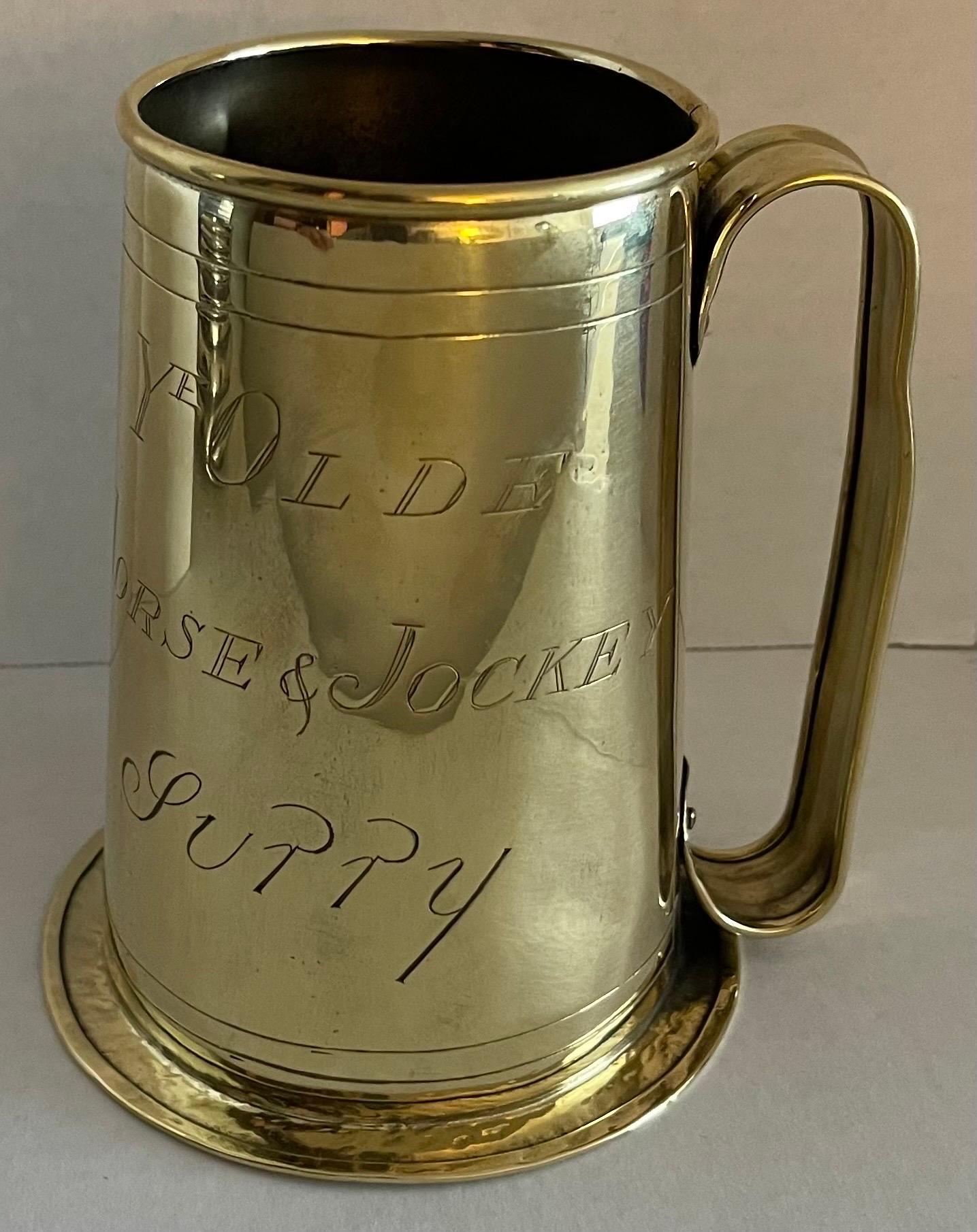 Country Antique English Large Brass Equestrian Tankard For Sale