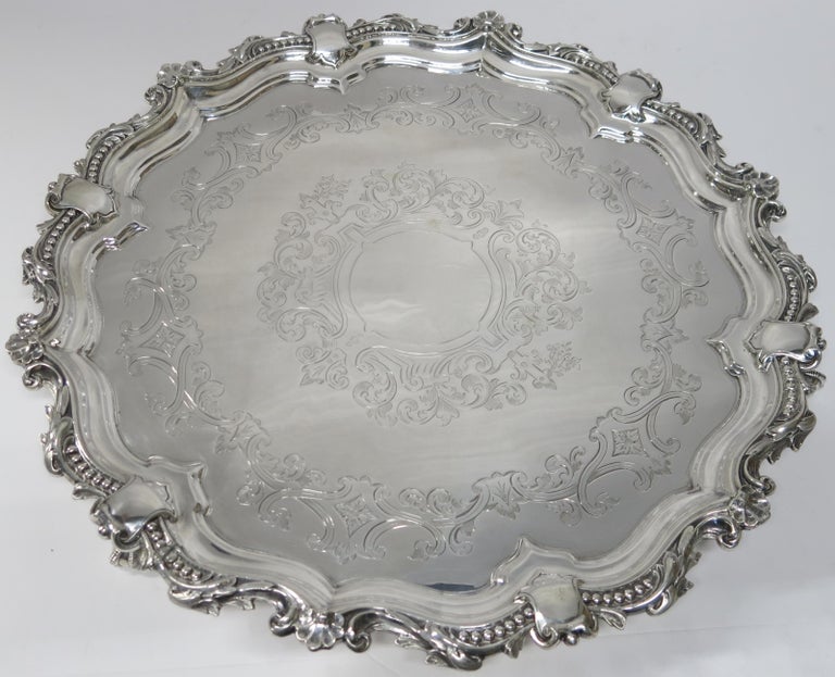 Antique English, Large Round Sterling Silver Tray For Sale at 1stDibs