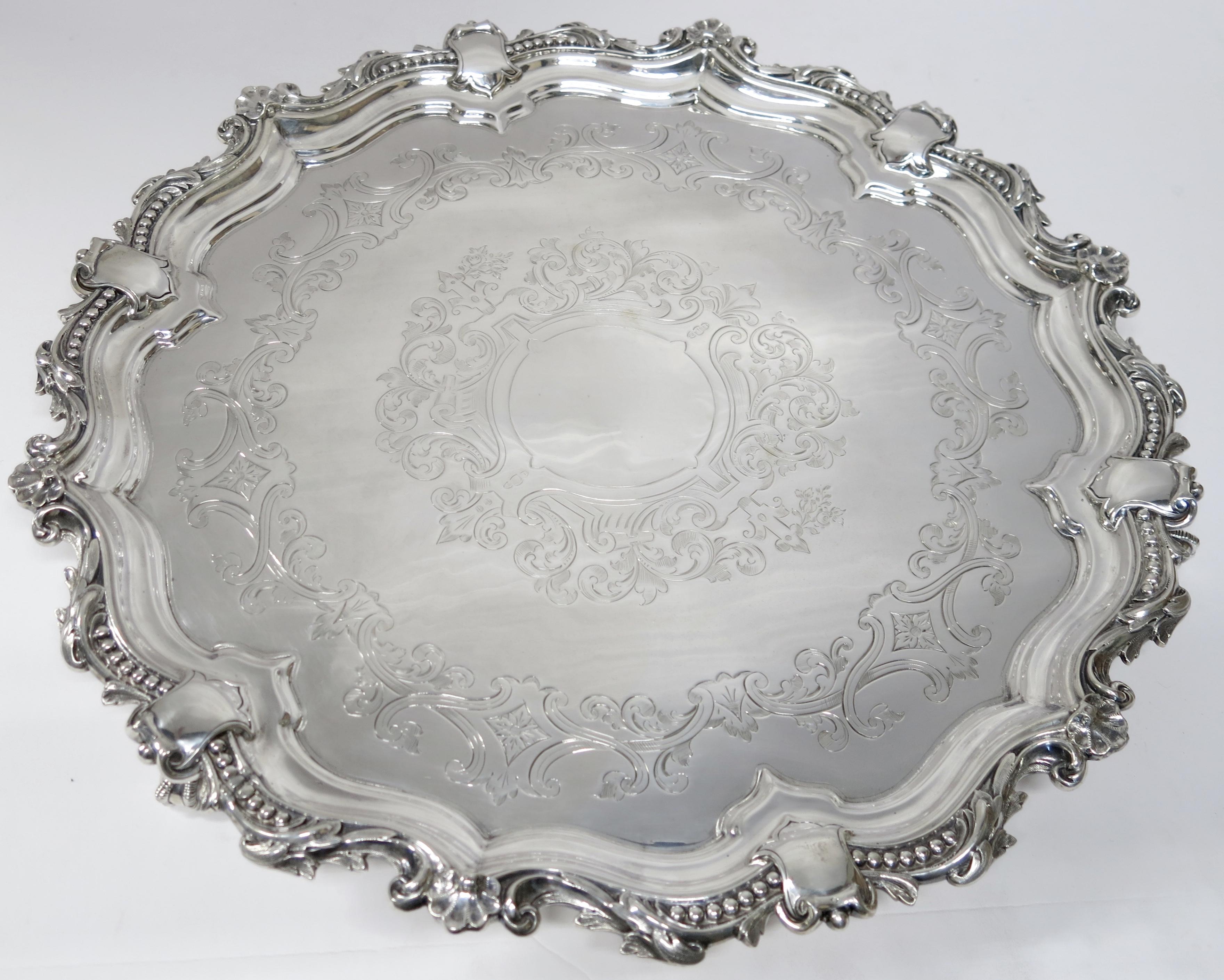 Antique English, Large Round Sterling Silver Tray For Sale 1