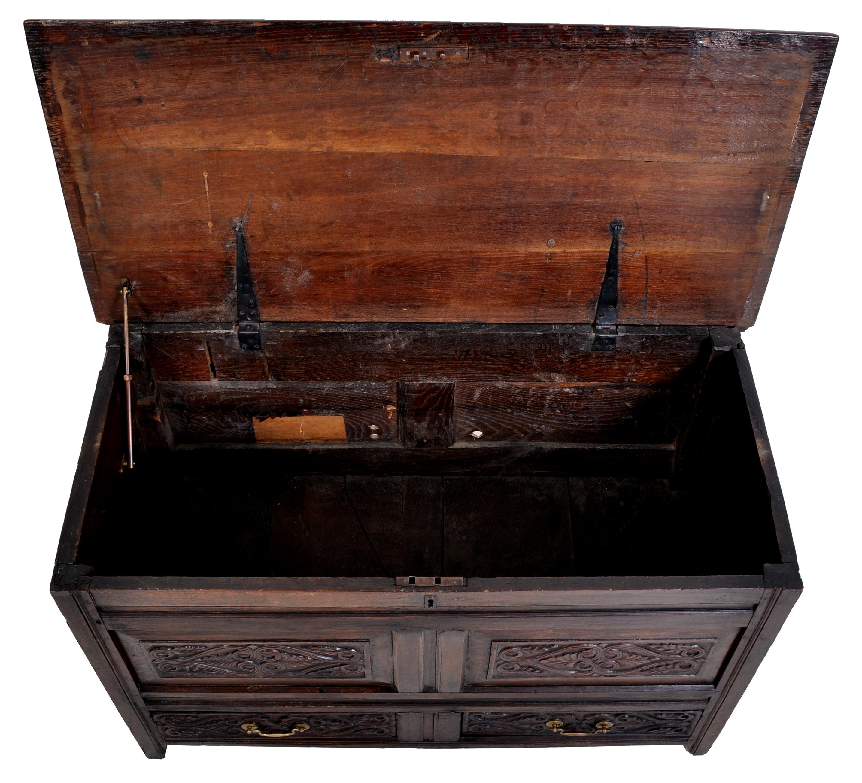Antique English Late 17th Century Carved Oak Mule Chest / Coffer, circa 1680 5