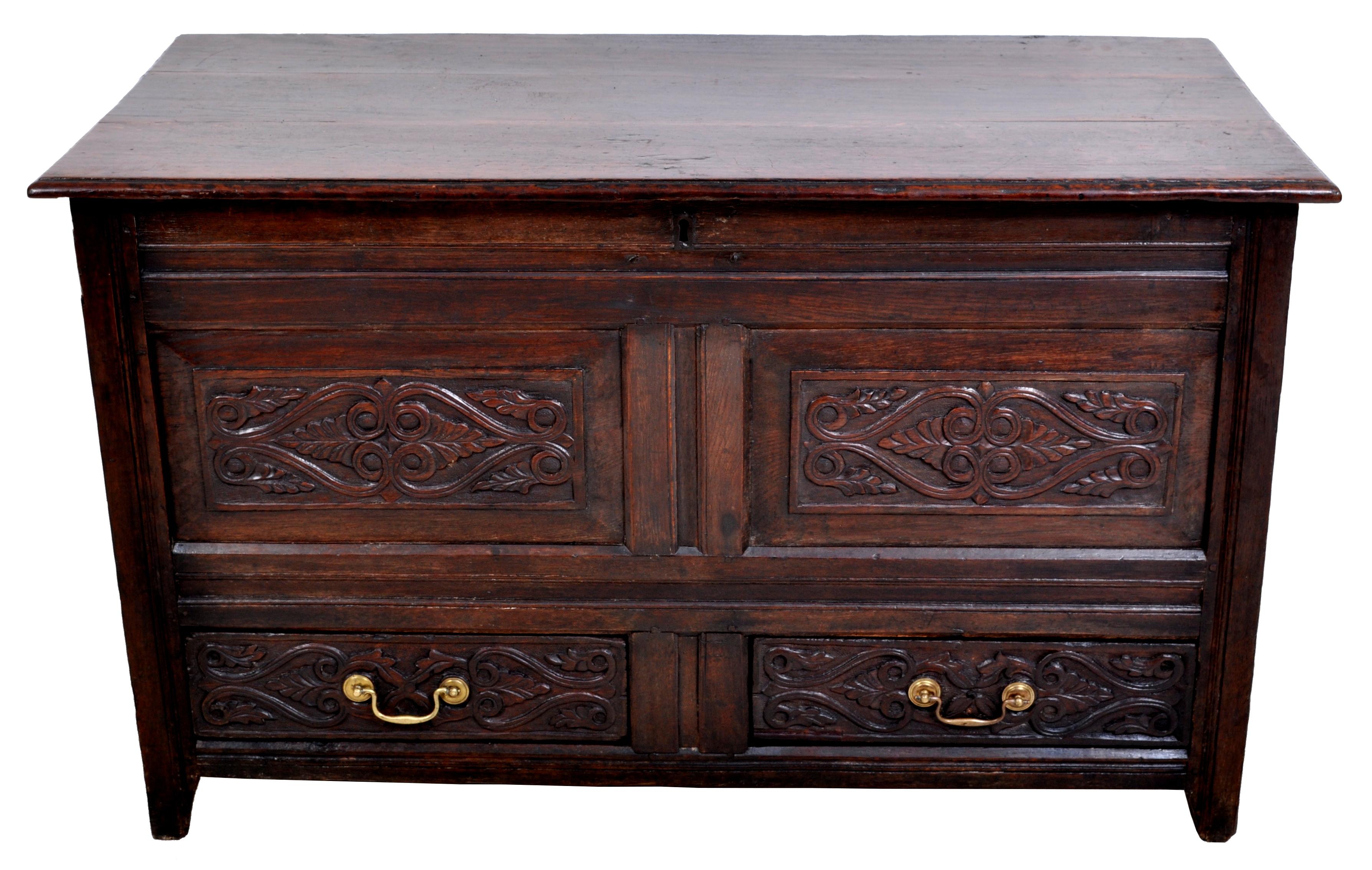 Charles II Antique English Late 17th Century Carved Oak Mule Chest / Coffer, circa 1680