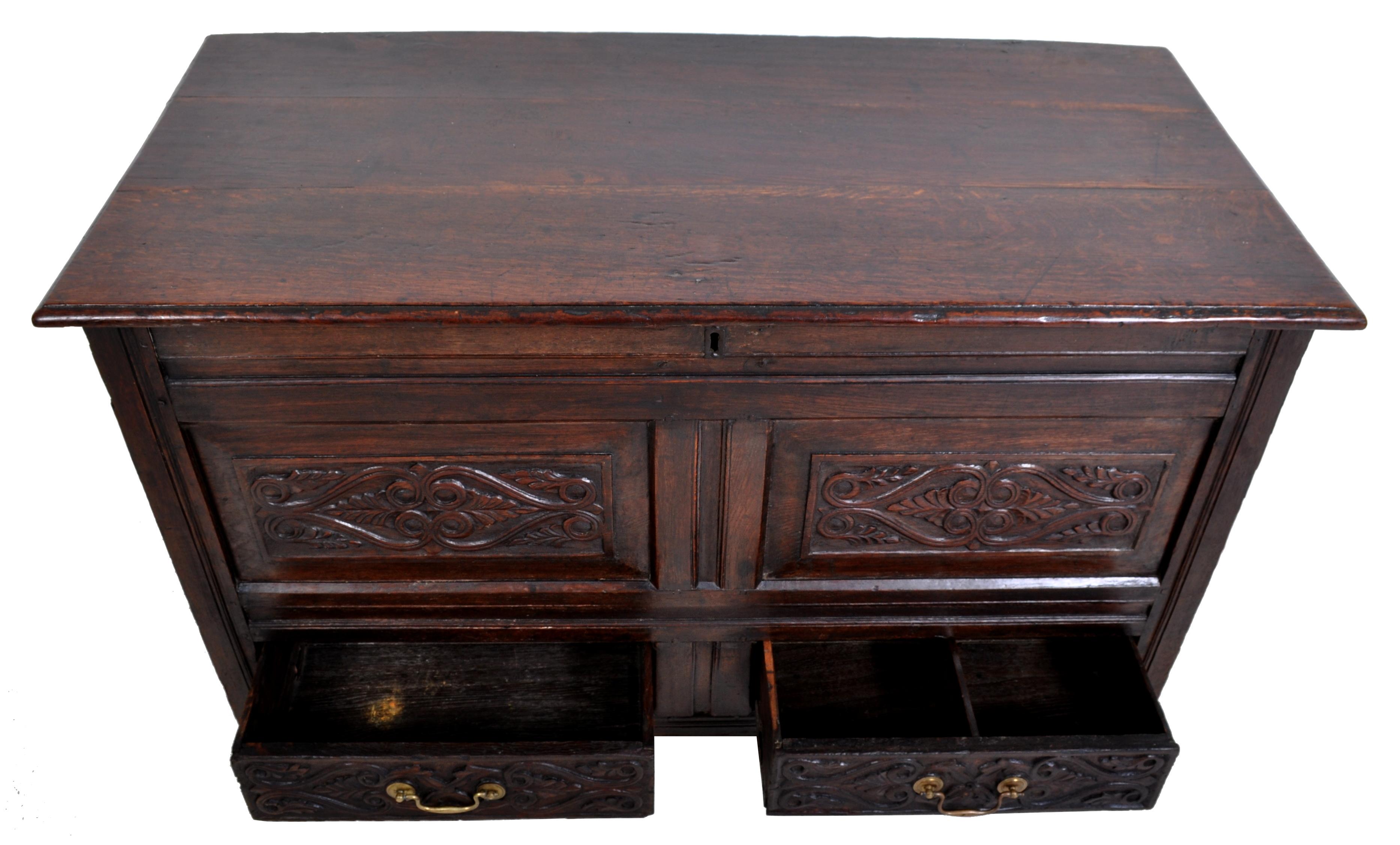 Antique English Late 17th Century Carved Oak Mule Chest / Coffer, circa 1680 1
