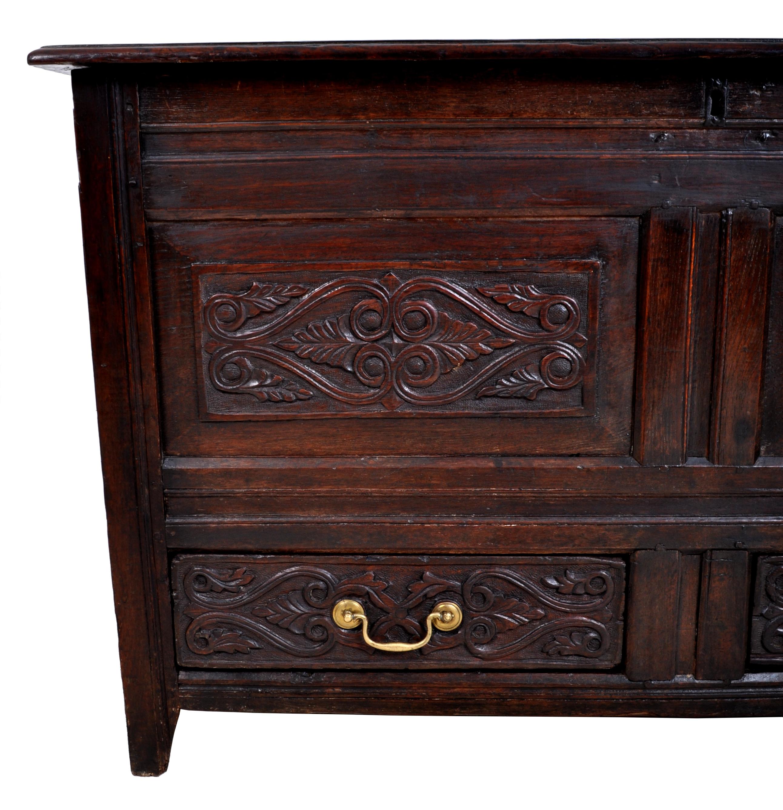 Antique English Late 17th Century Carved Oak Mule Chest / Coffer, circa 1680 2