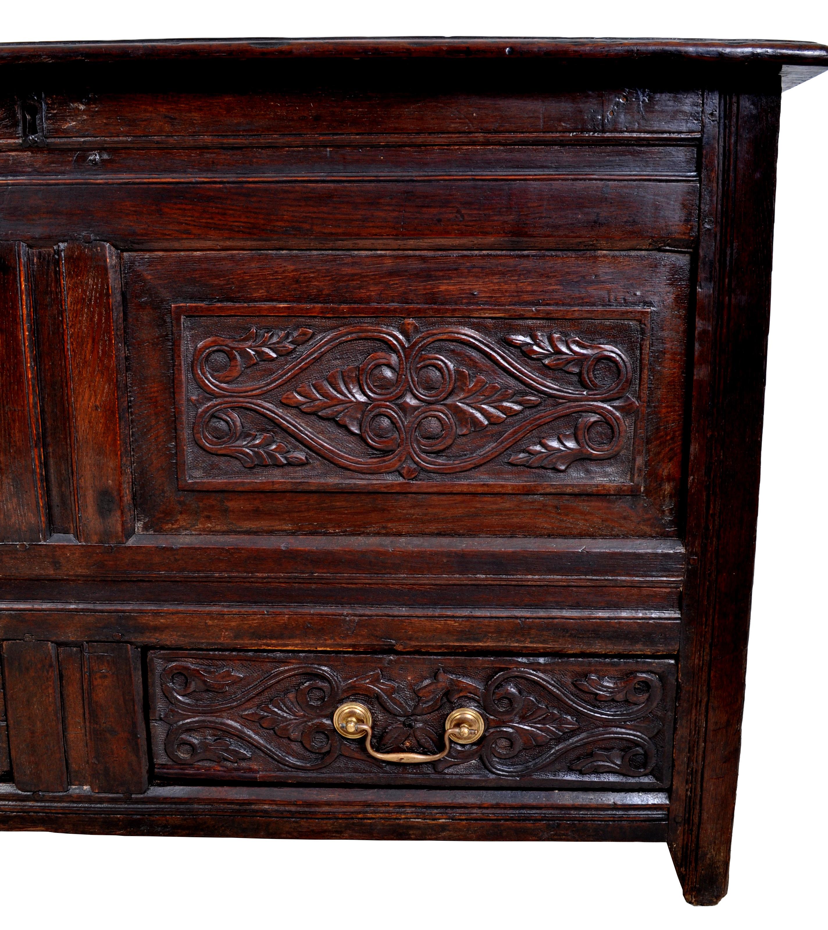 Antique English Late 17th Century Carved Oak Mule Chest / Coffer, circa 1680 3