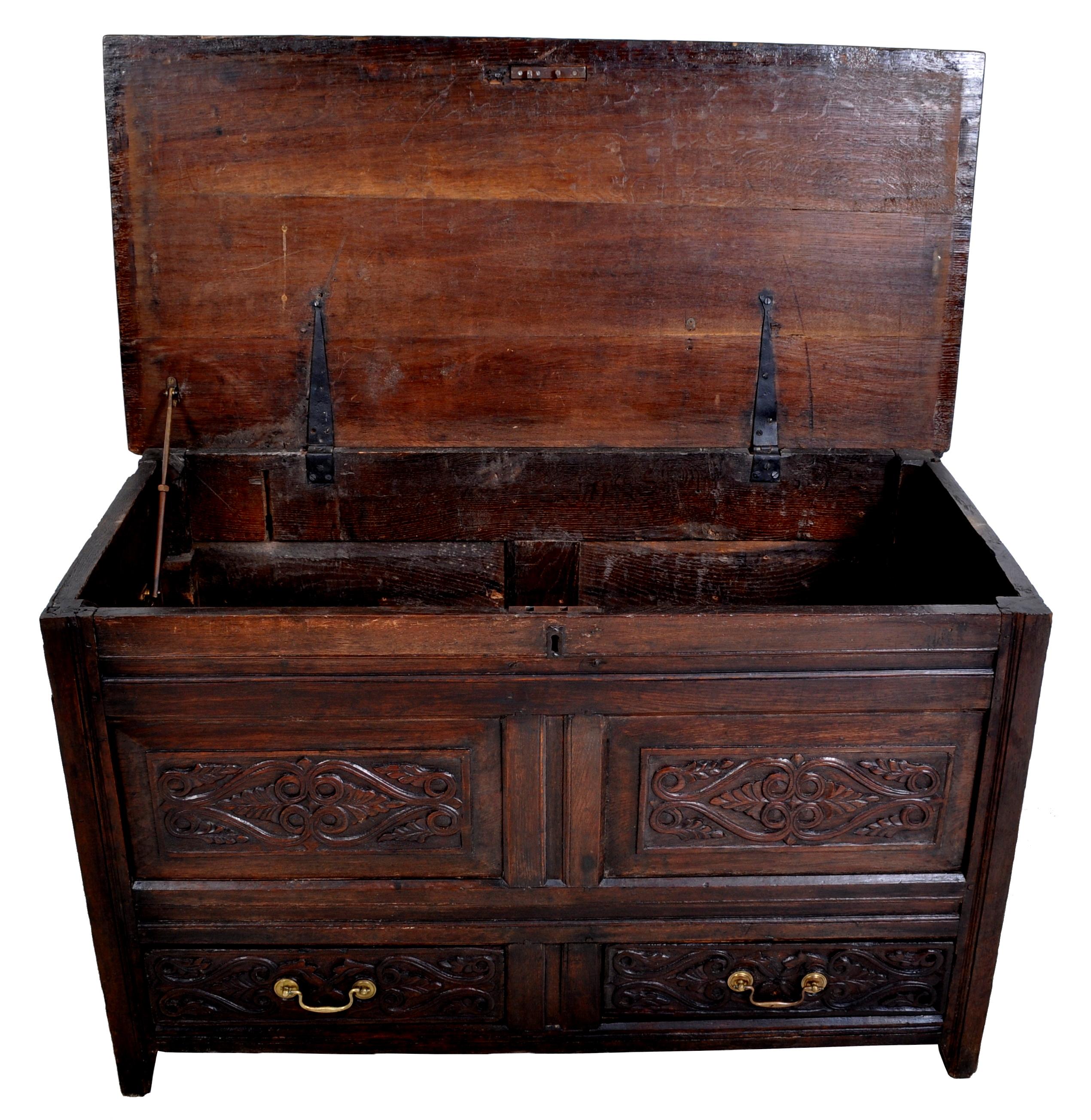 Antique English Late 17th Century Carved Oak Mule Chest / Coffer, circa 1680 4