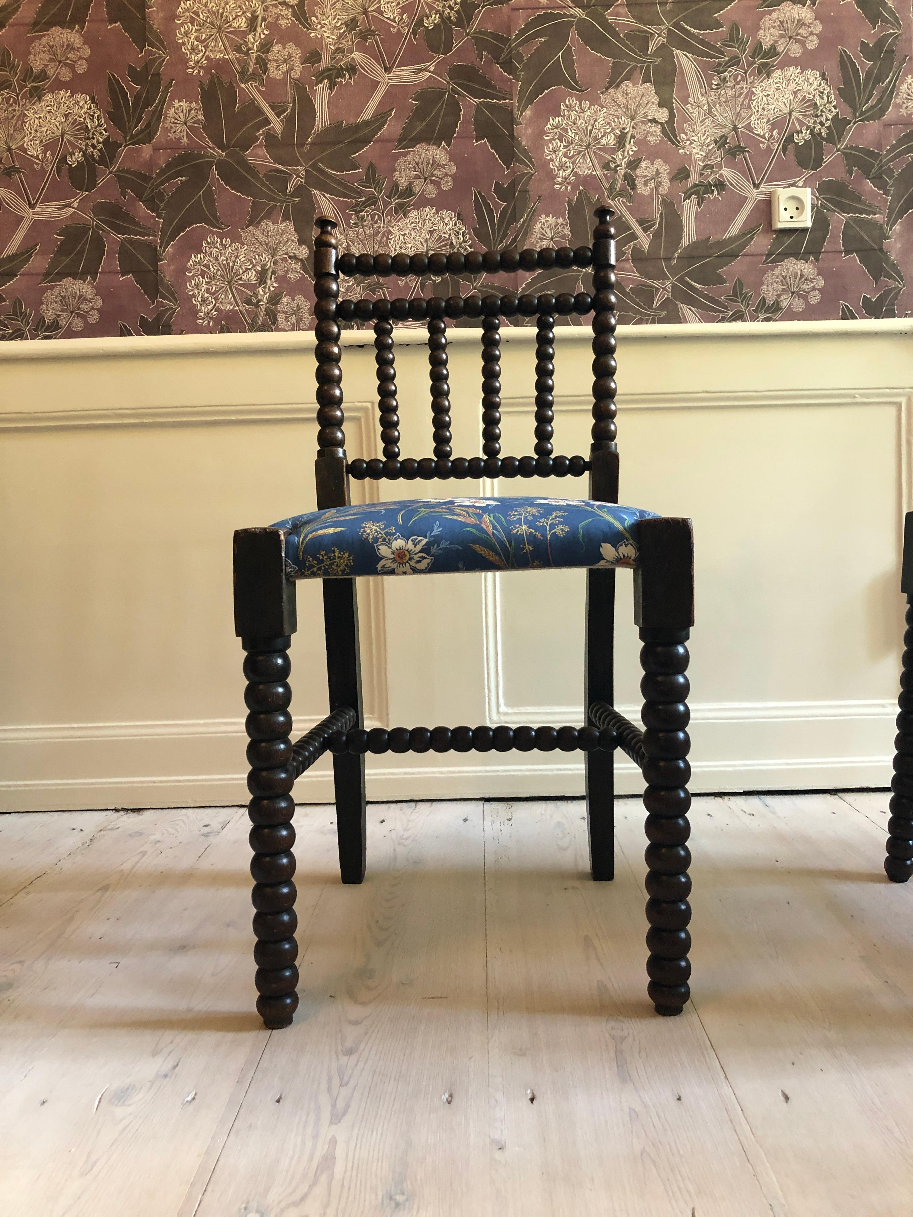 Antique Bobbin Chairs in Dark Oak with New Upholstery, England Late 19th-Century 3