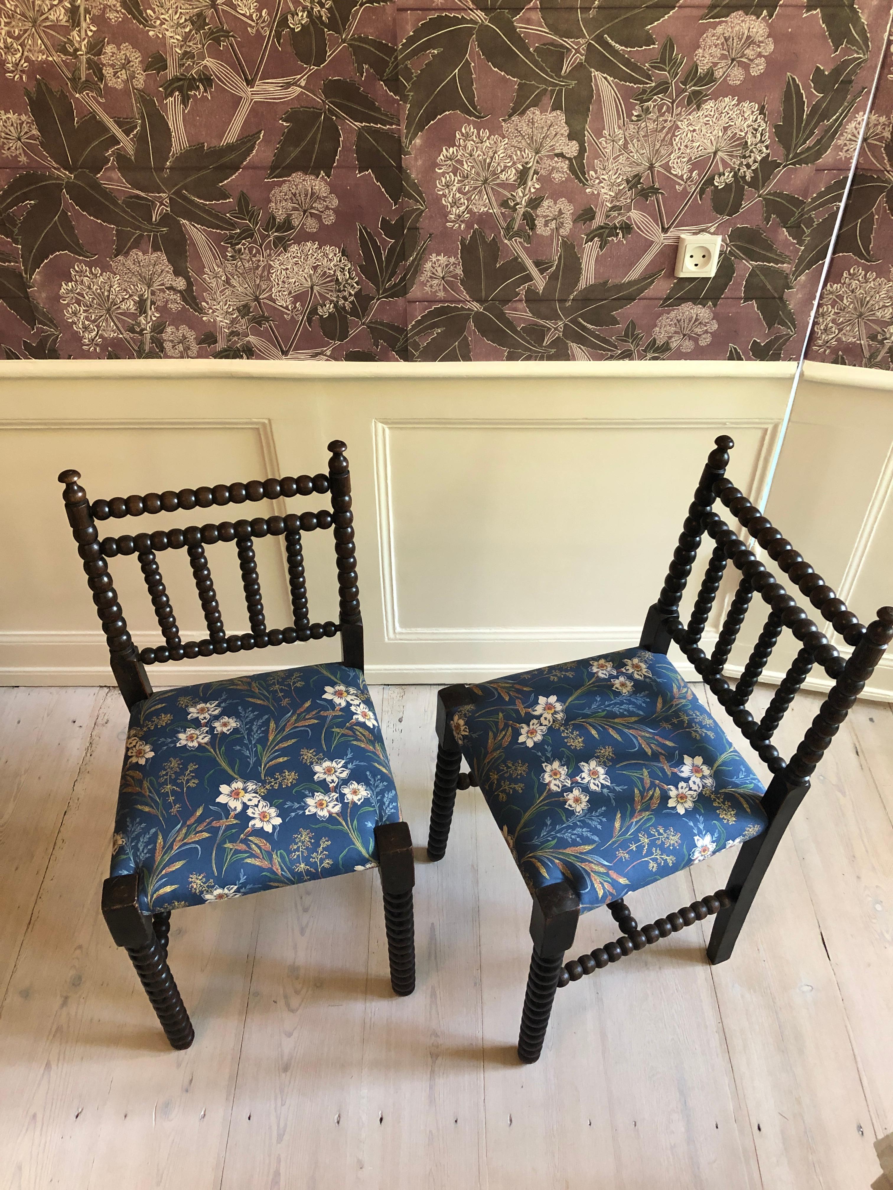 Antique Bobbin Chairs in Dark Oak with New Upholstery, England Late 19th-Century 4