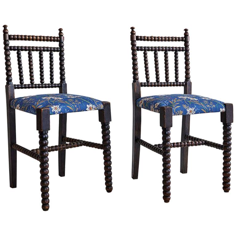 Antique Bobbin Chairs in Dark Oak with New Upholstery, England Late 19th-Century