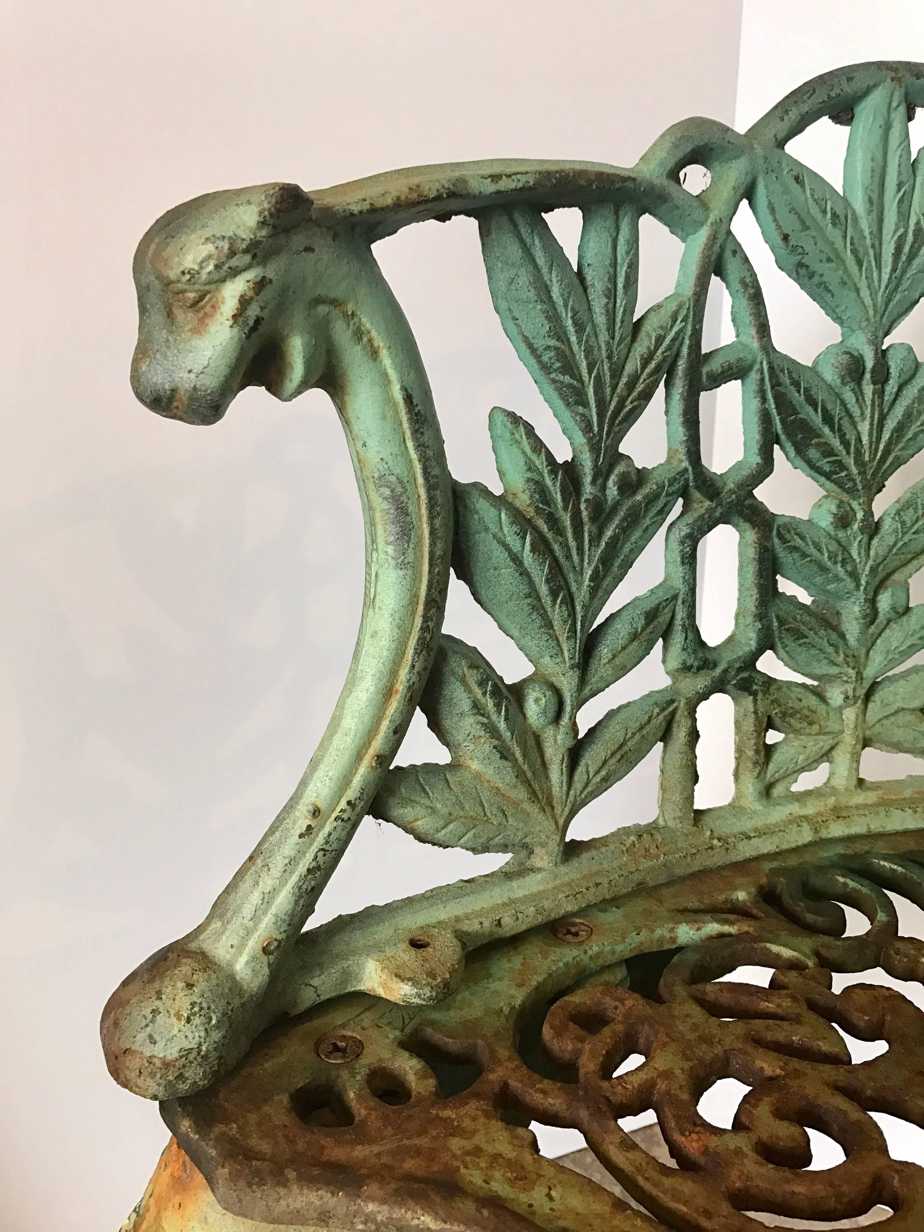 Rococo Revival Antique English Late 19th Century Green Cast Iron Laurel Leaves Garden Bench