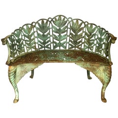 Antique English Late 19th Century Green Cast Iron Laurel Leaves Garden Bench