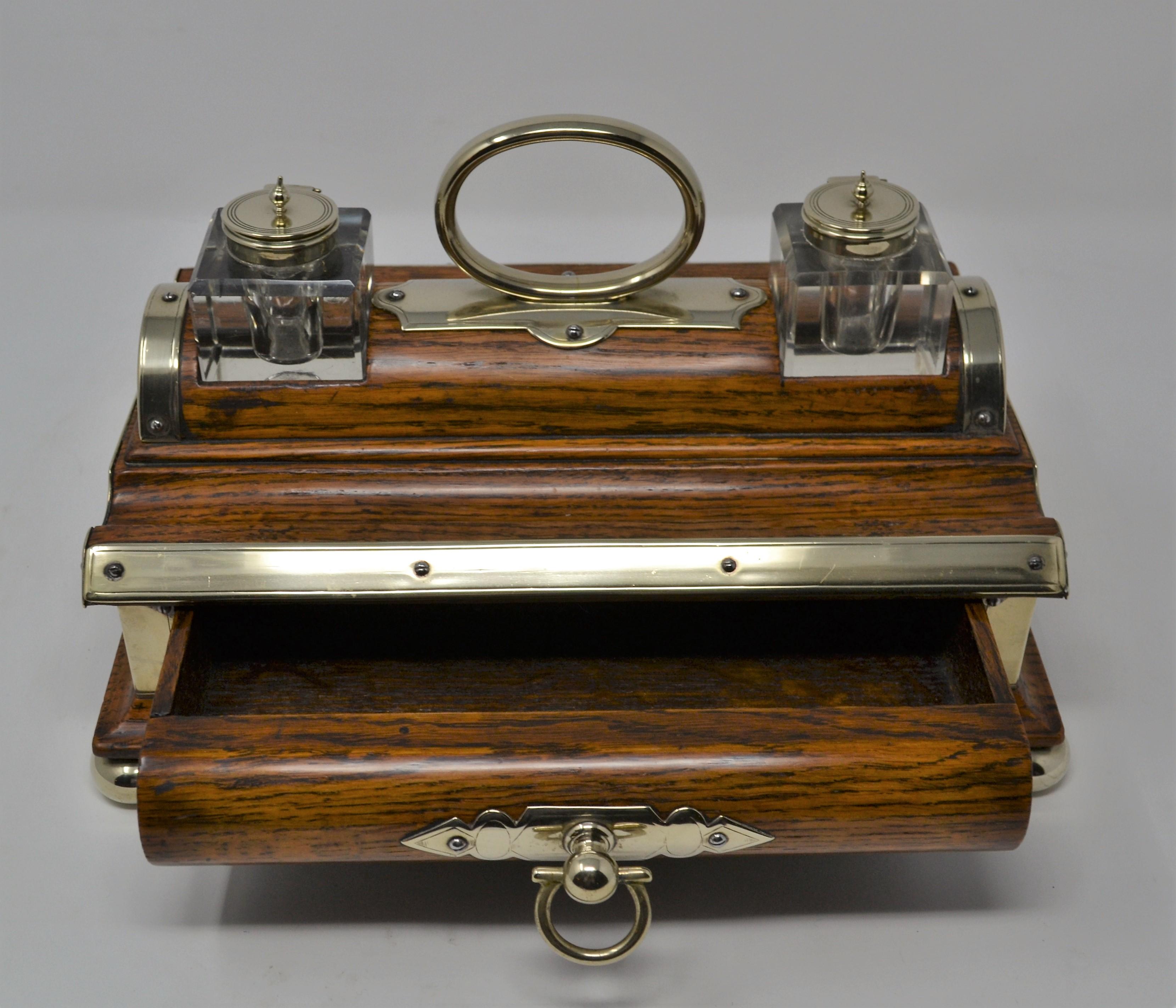 Antique English late 19th century unusual elm double inkstand with drawer.