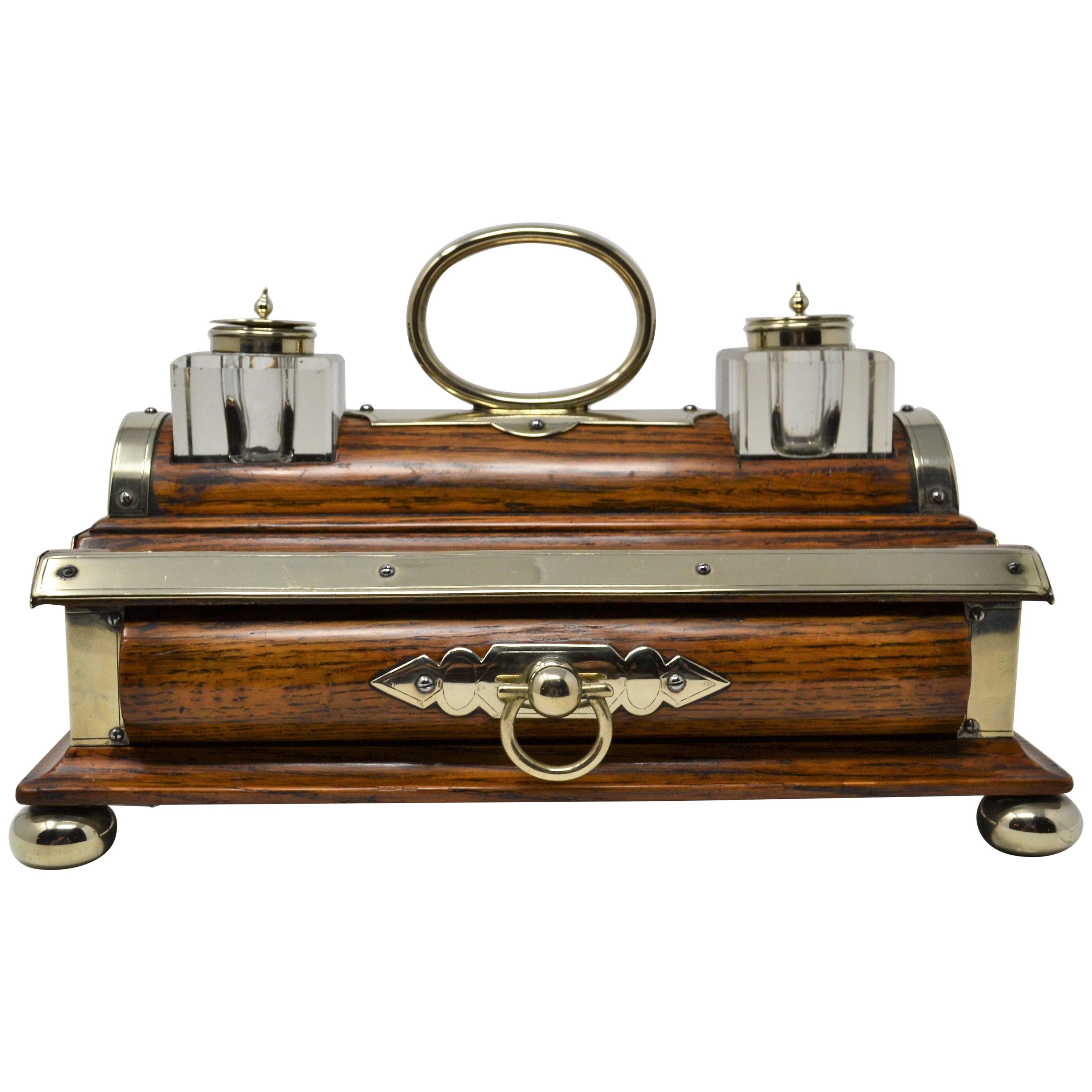 Antique English Late 19th Century Unusual Elm Double Inkstand with Drawer