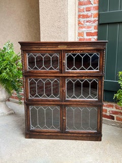 Antique English Lawyer Barrister Bookcase Stacking Leaded Glass Oak Edwardian
