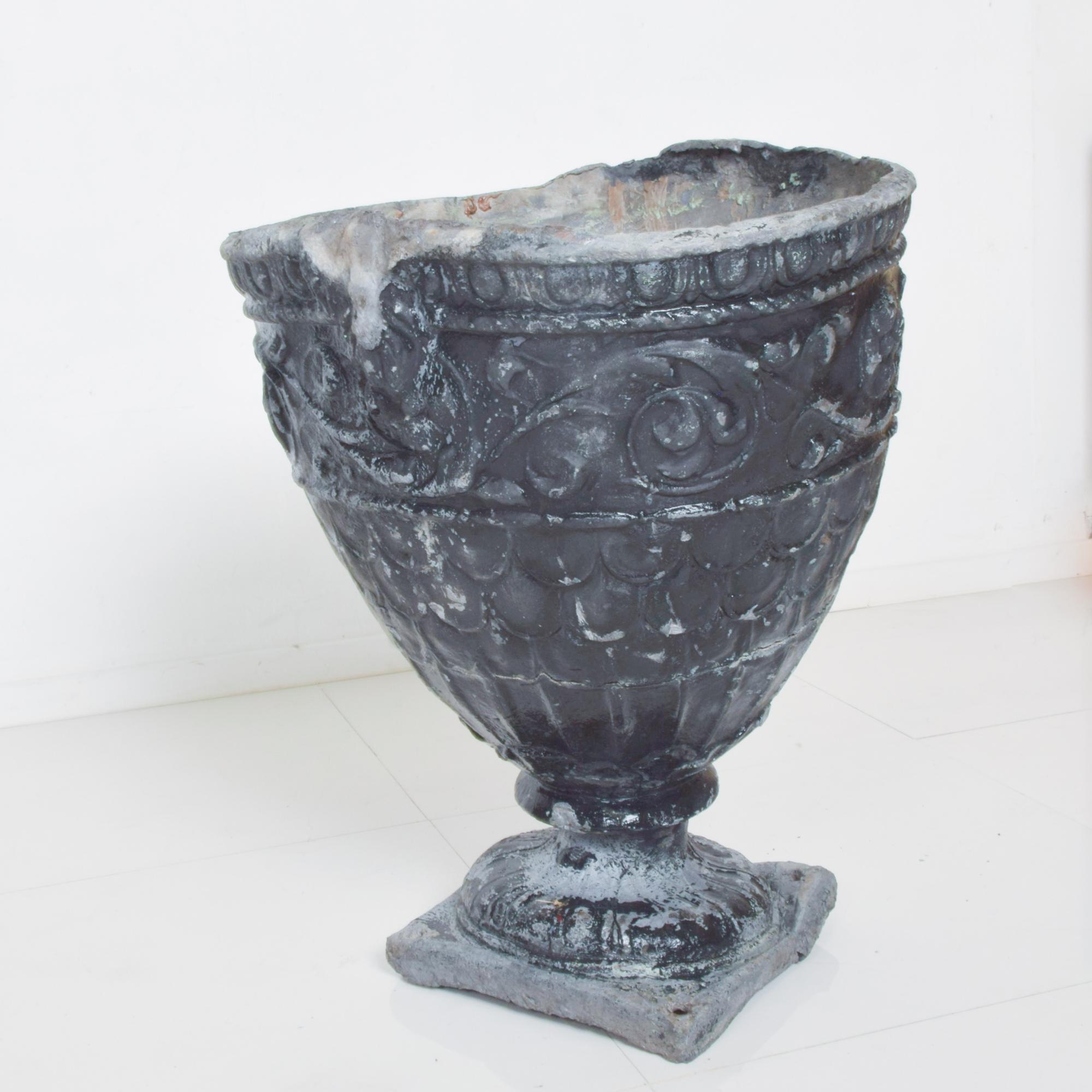 Antique English Lead Planter Urn Vase w/ Floral Scroll Stately Garden Jardinière 1