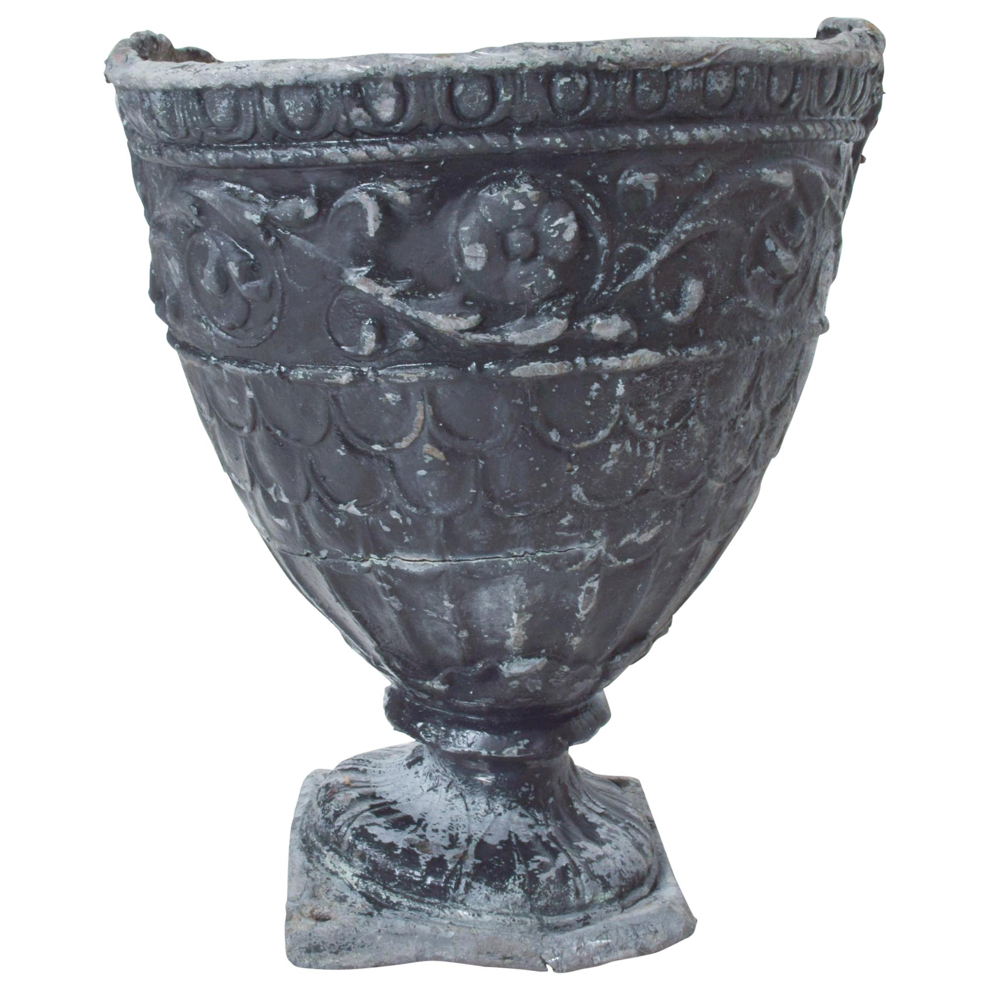 Antique English Lead Planter Urn Vase w/ Floral Scroll Stately Garden Jardinière