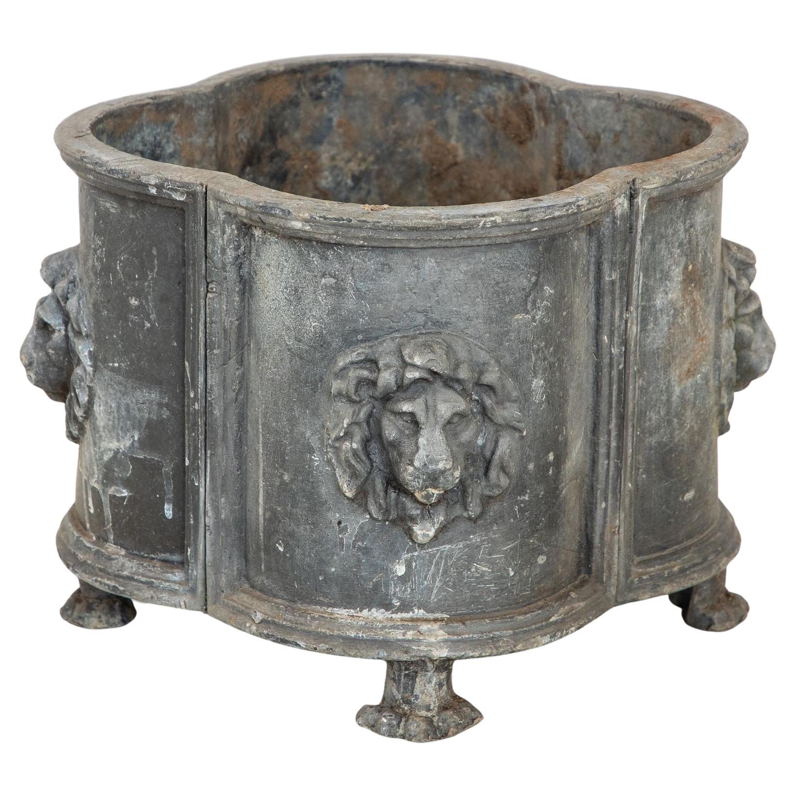Antique English Lead Quatrefoil Planter with Lion Heads and Paws, 1850s