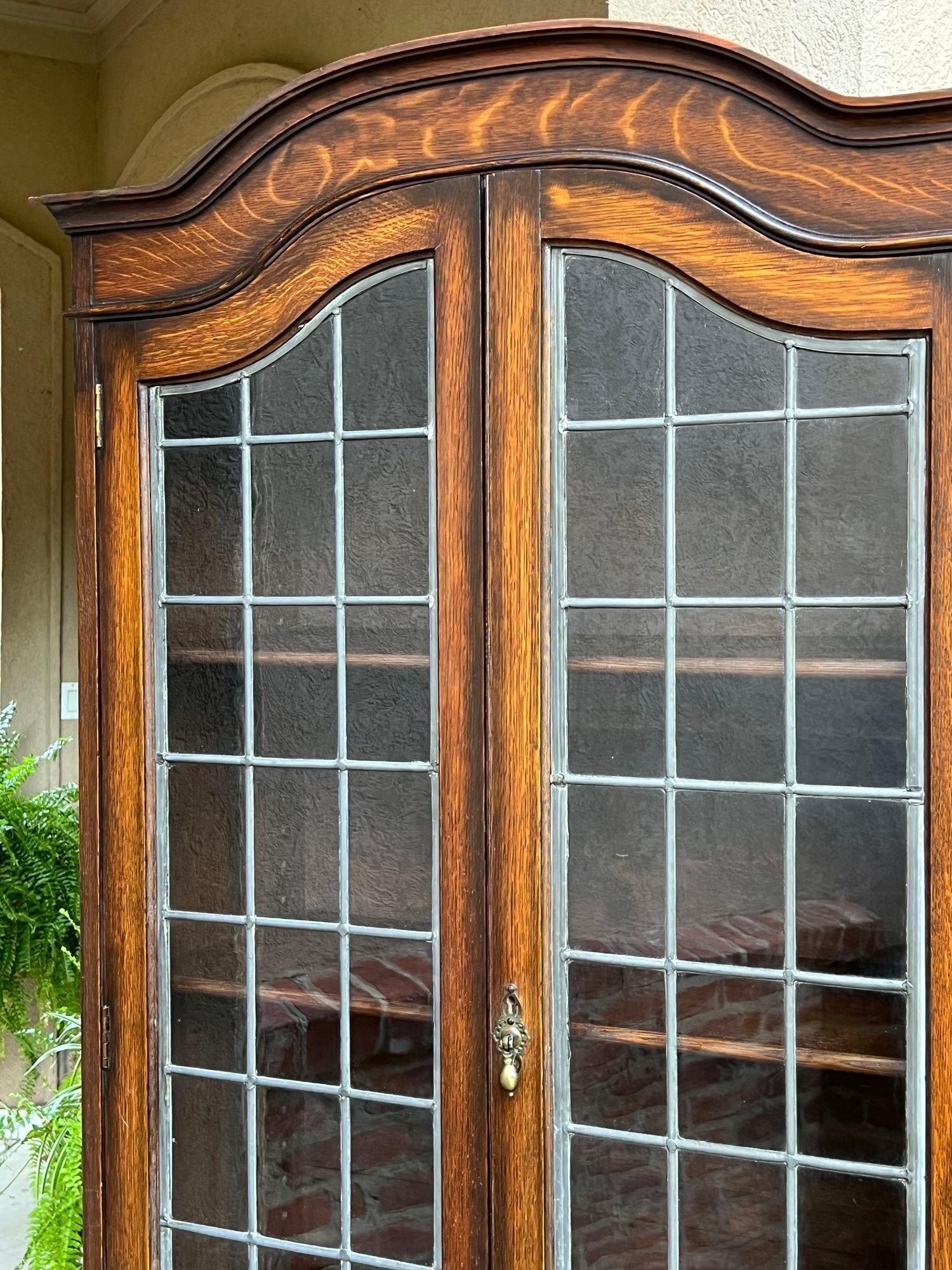 Antique English Leaded Glass Door Bookcase Display Cabinet Oak Jacobean Dome Top 5