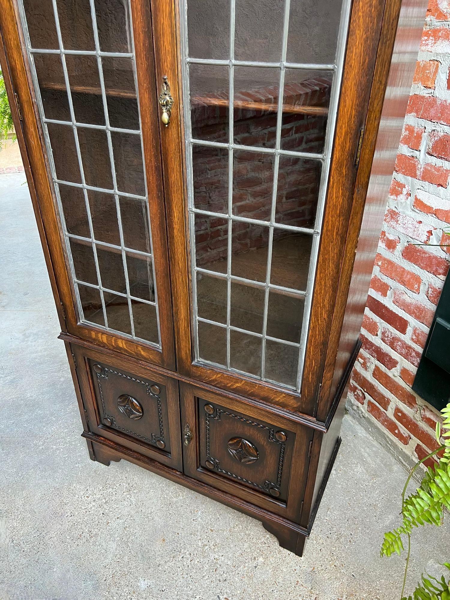 Antique English Leaded Glass Door Bookcase Display Cabinet Oak Jacobean Dome Top 6