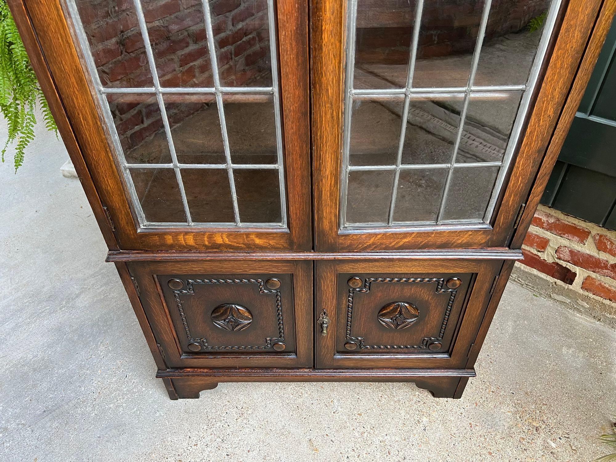 British Antique English Leaded Glass Door Bookcase Display Cabinet Oak Jacobean Dome Top