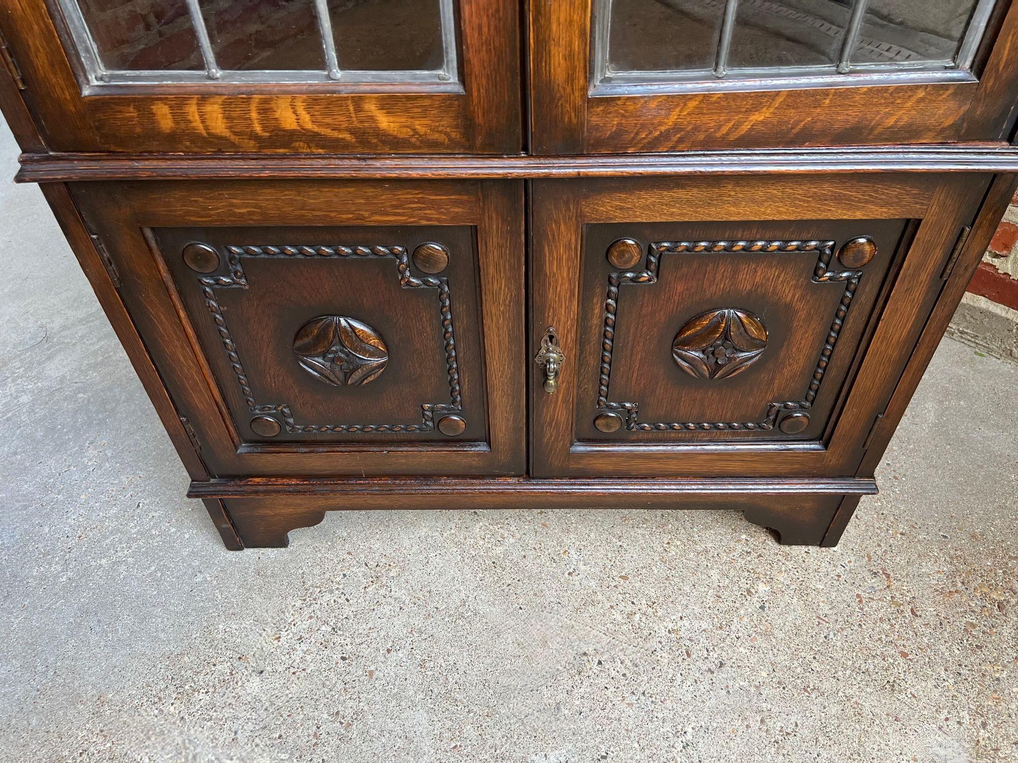 Carved Antique English Leaded Glass Door Bookcase Display Cabinet Oak Jacobean Dome Top
