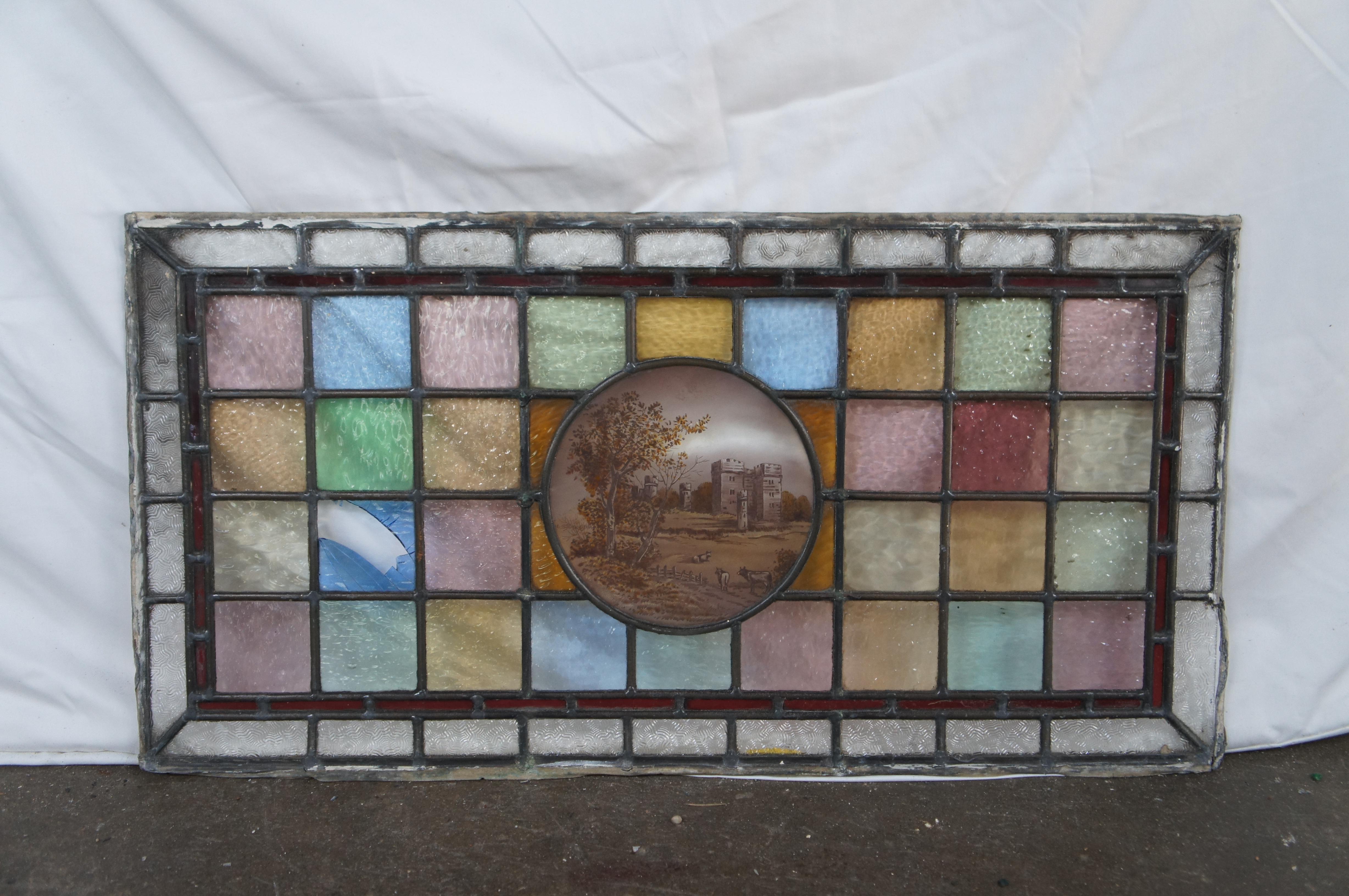 Antique English Leaded Stained Glass Window Panel Hand Painted Cameo Landscape 6