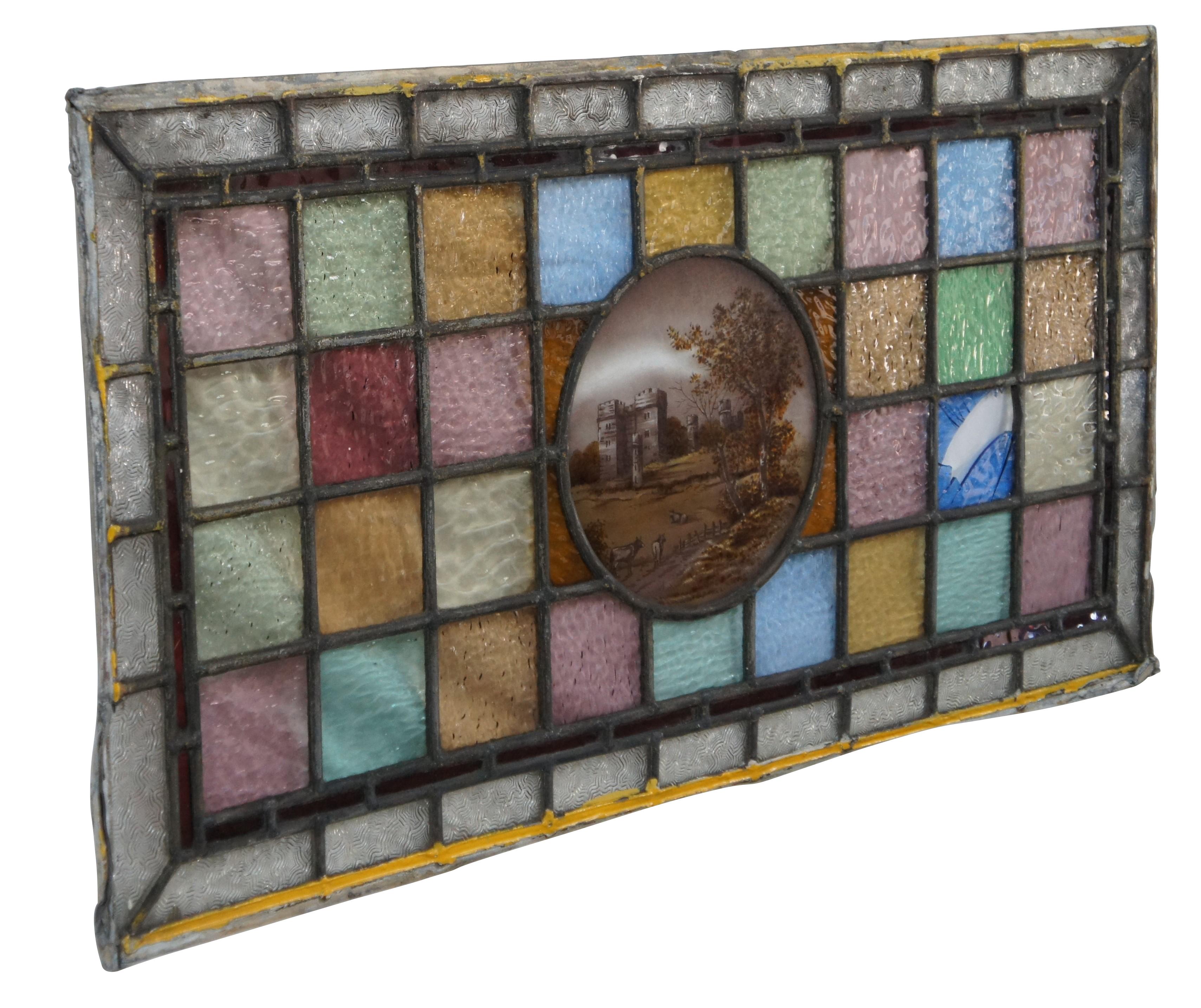 Antique English Leaded Stained Glass Window Panel Hand Painted Cameo Landscape In Good Condition In Dayton, OH