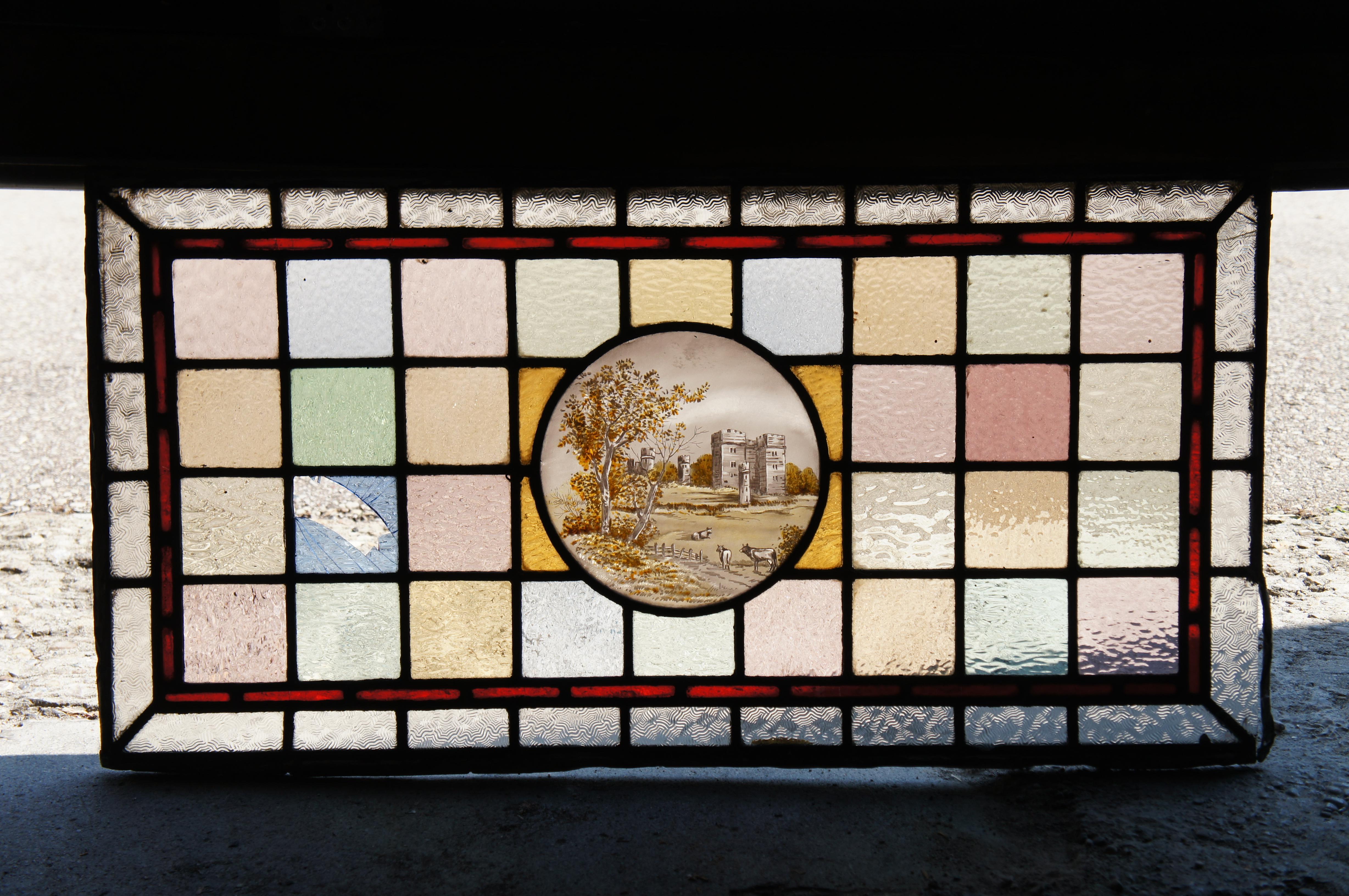 20th Century Antique English Leaded Stained Glass Window Panel Hand Painted Cameo Landscape