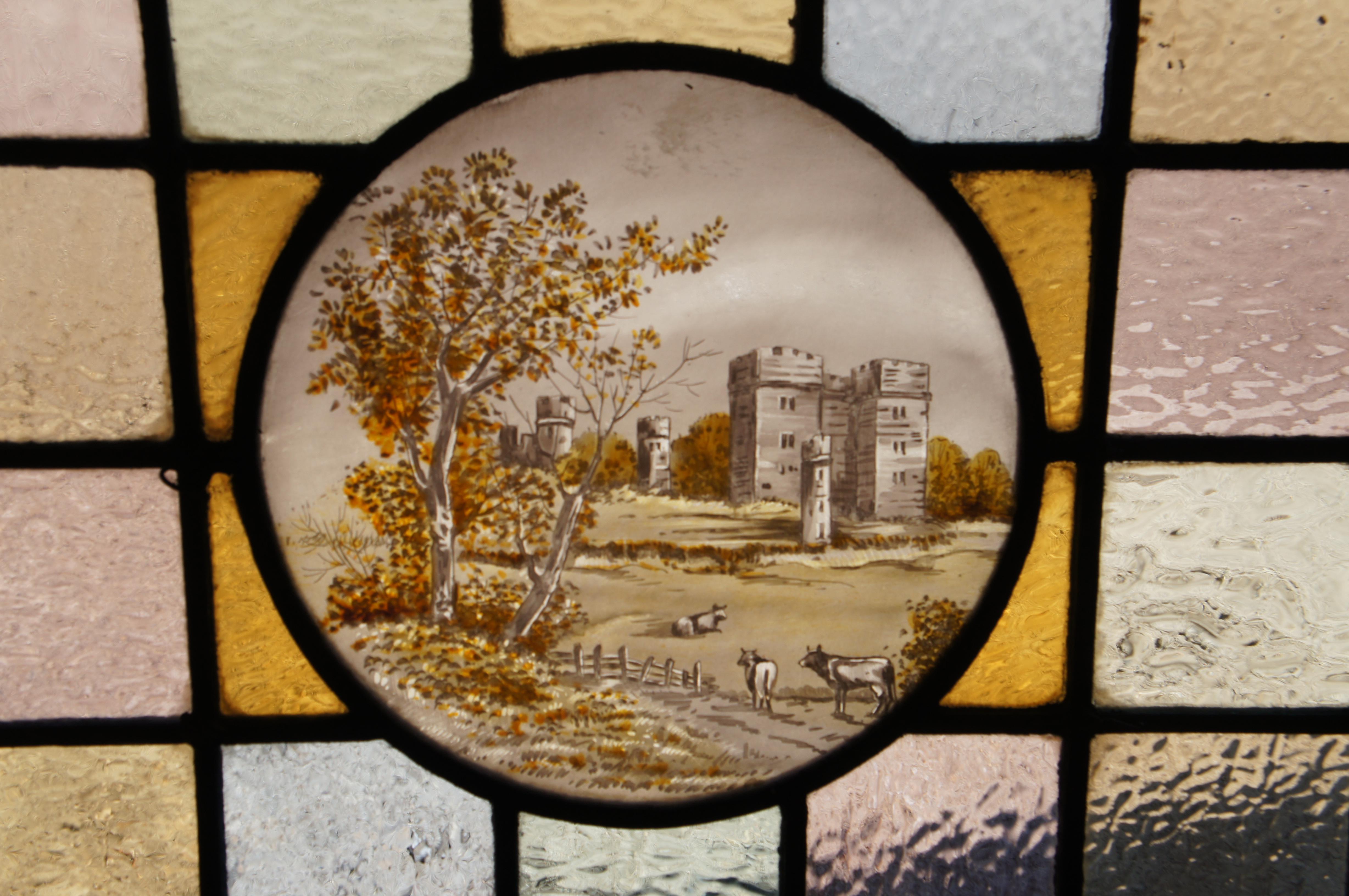 Antique English Leaded Stained Glass Window Panel Hand Painted Cameo Landscape 1