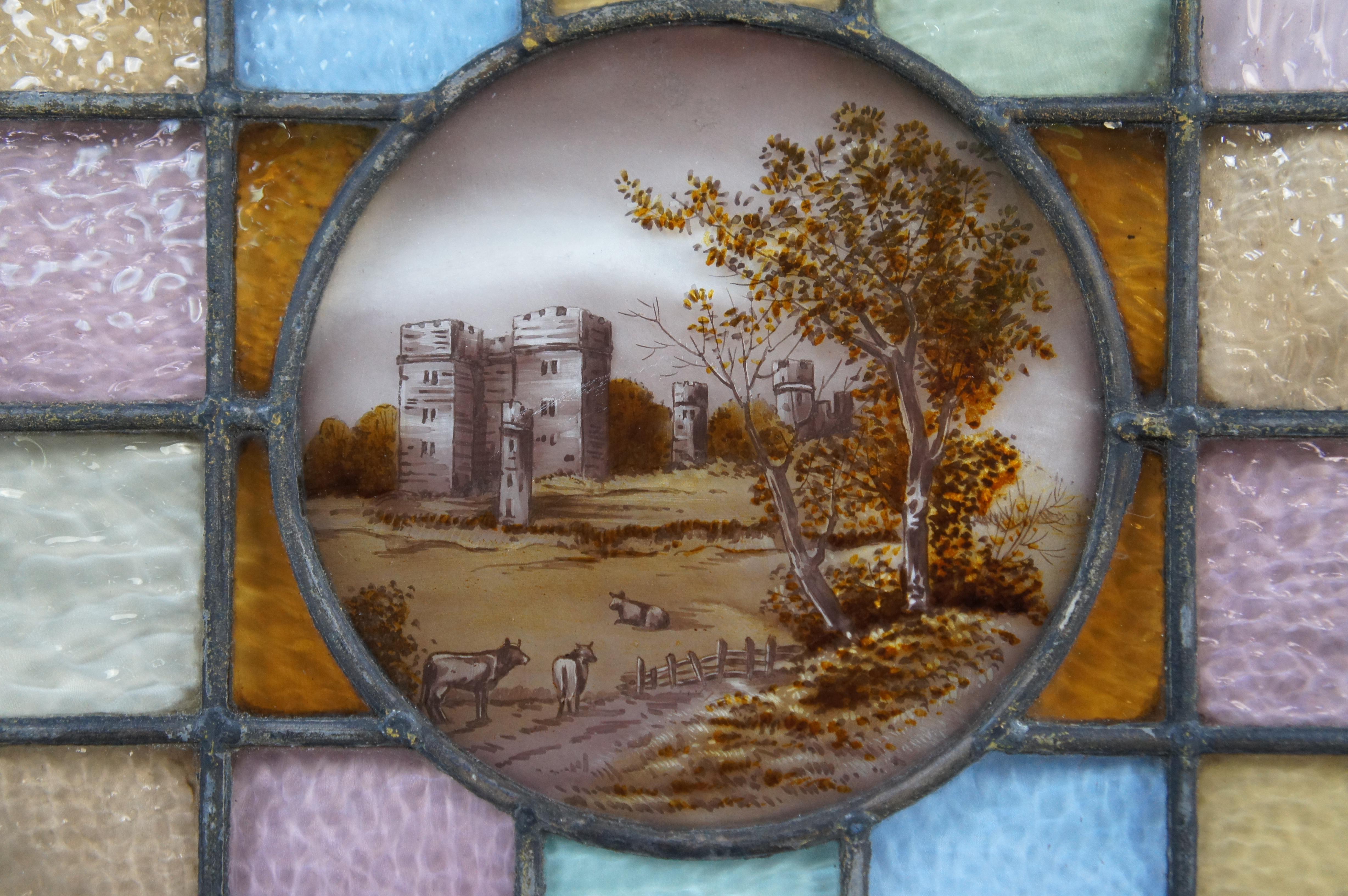 Antique English Leaded Stained Glass Window Panel Hand Painted Cameo Landscape 2