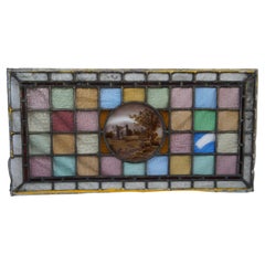 Antique English Leaded Stained Glass Window Panel Hand Painted Cameo Landscape