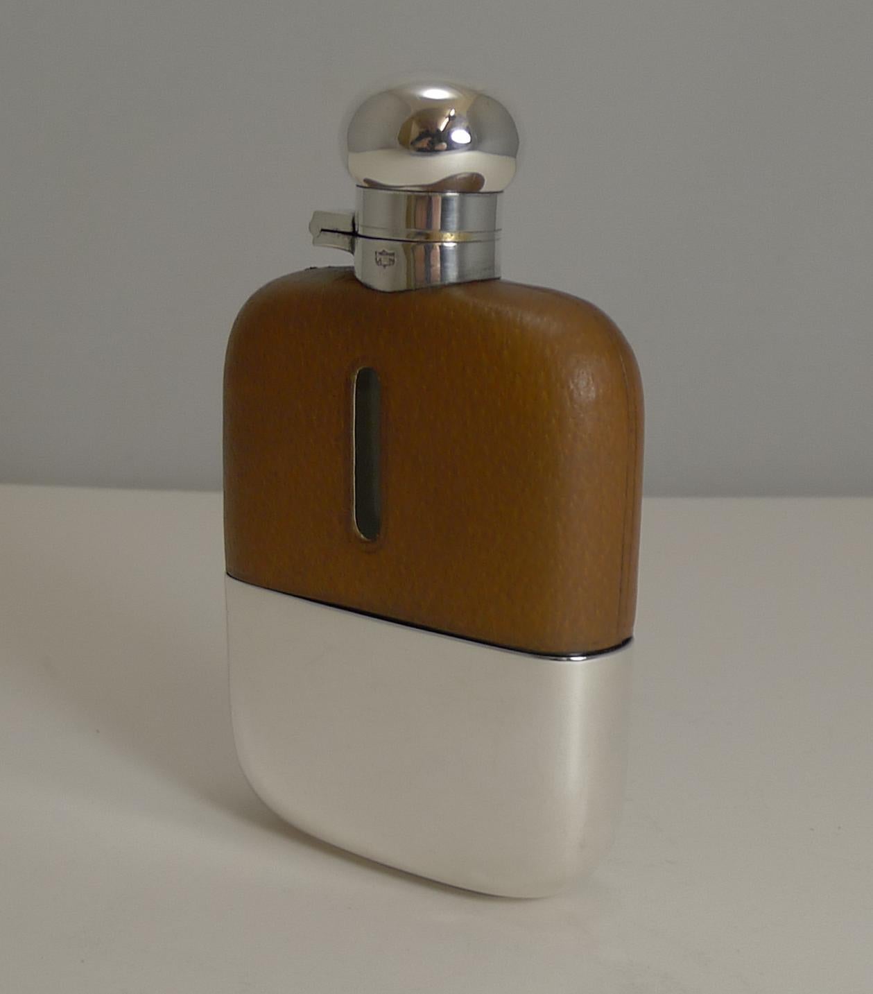 Edwardian Antique English Leather and Silver Plated Liquor / Spirit / Hip Flask circa 1910