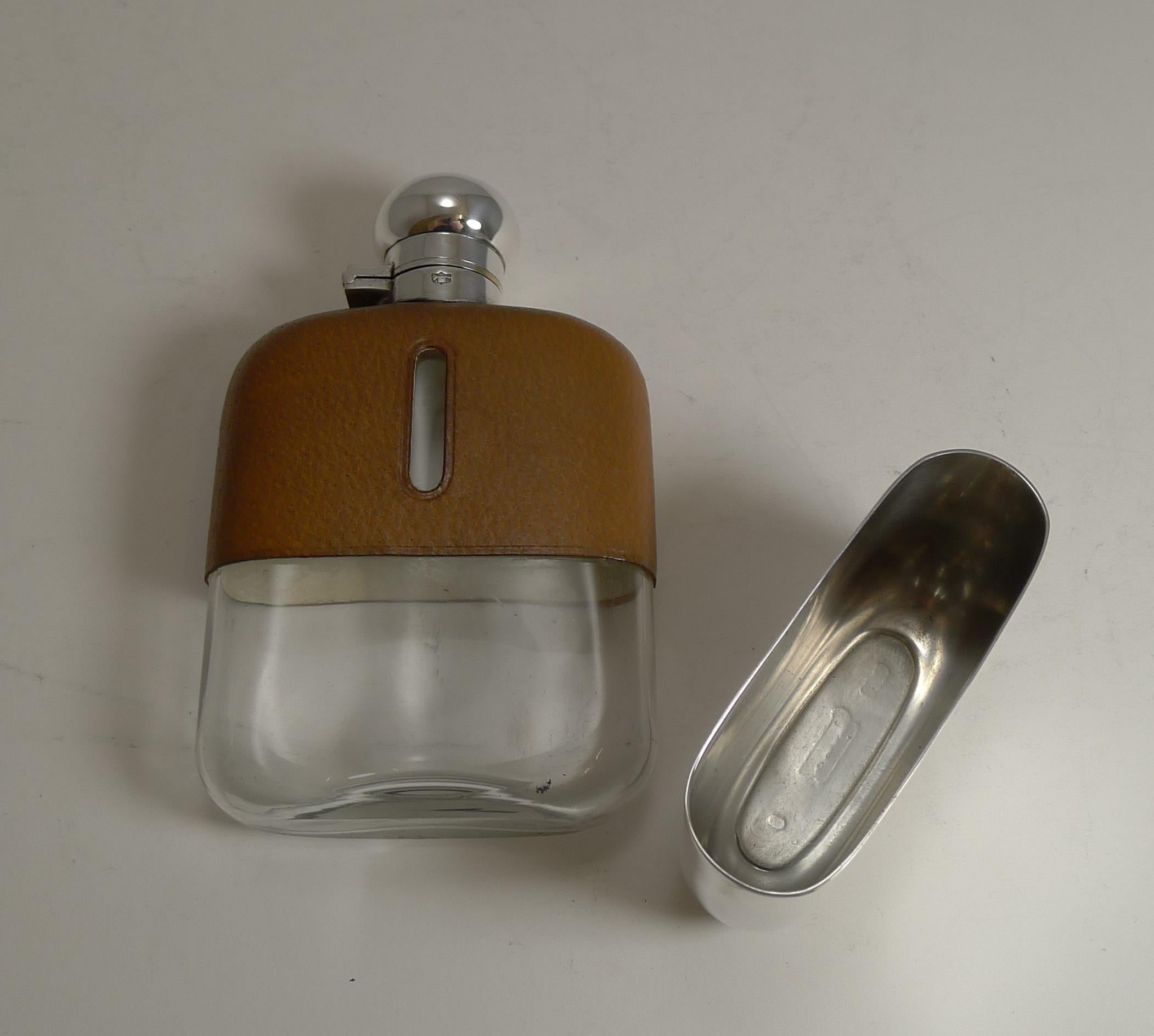 Early 20th Century Antique English Leather and Silver Plated Liquor / Spirit / Hip Flask circa 1910
