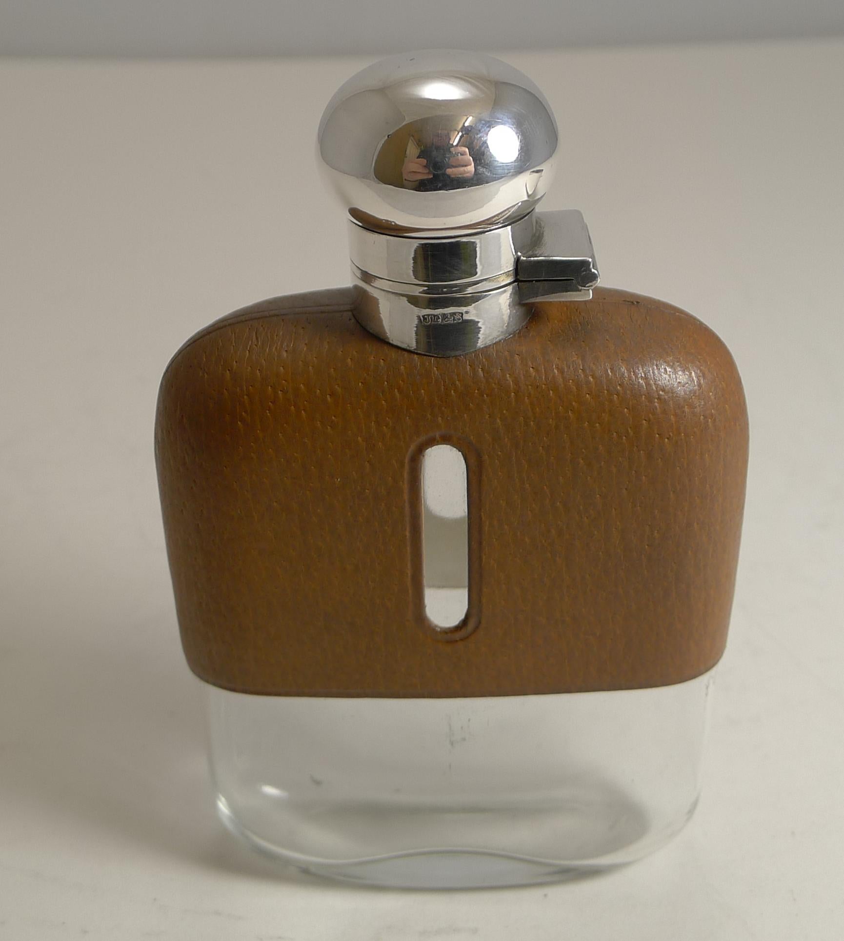 Antique English Leather and Silver Plated Liquor / Spirit / Hip Flask circa 1910 2