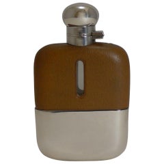Used English Leather and Silver Plated Liquor / Spirit / Hip Flask circa 1910