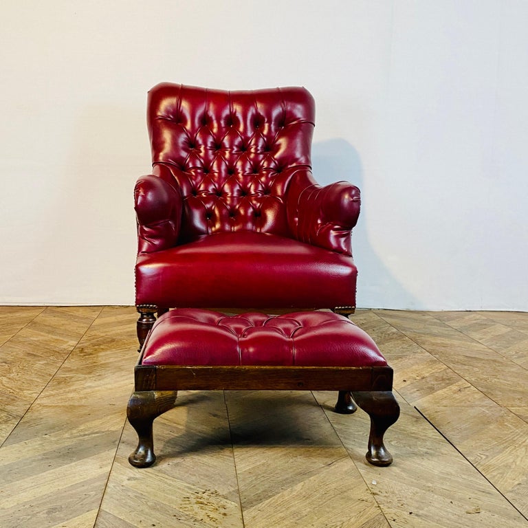 Antique English Leather Armchair + Footstool, circa Late 19th Century