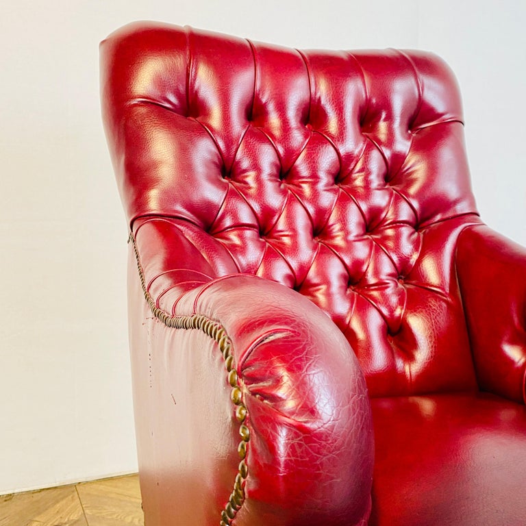 Antique English Leather Armchair + Footstool, circa Late 19th Century