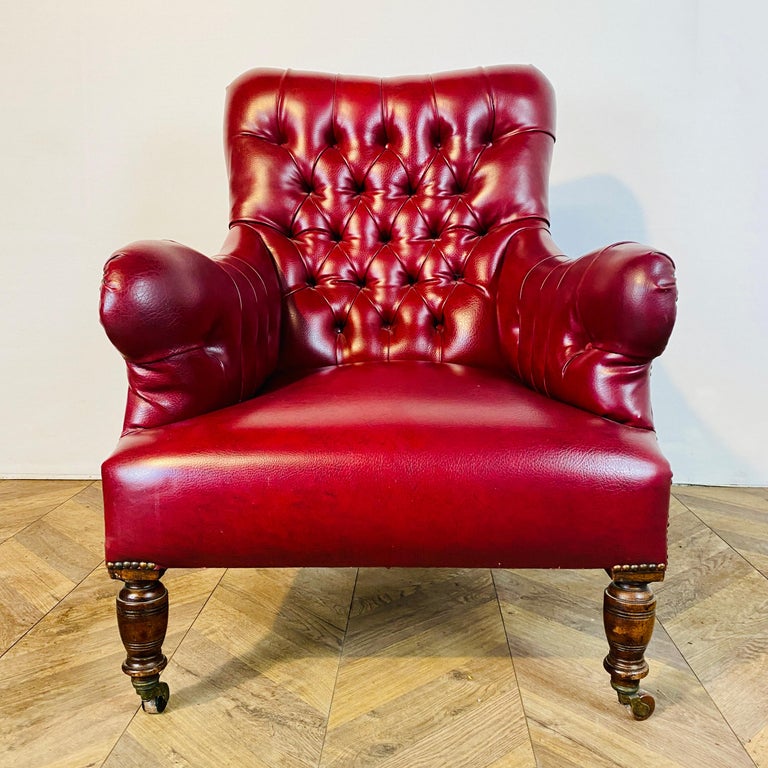 Antique English Leather Armchair + Footstool, circa Late 19th Century