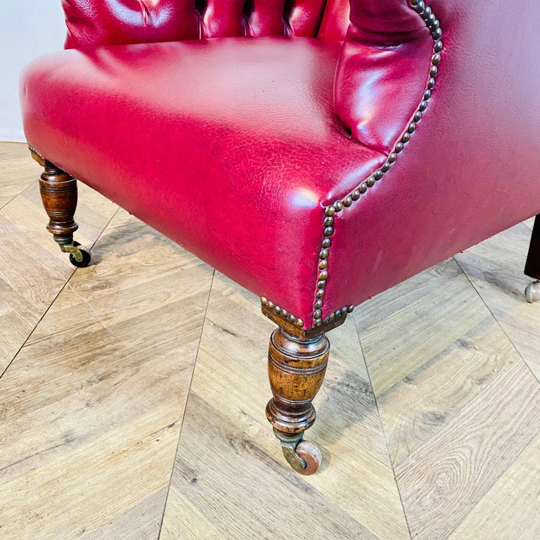 Antique English Leather Armchair + Footstool, circa Late 19th Century