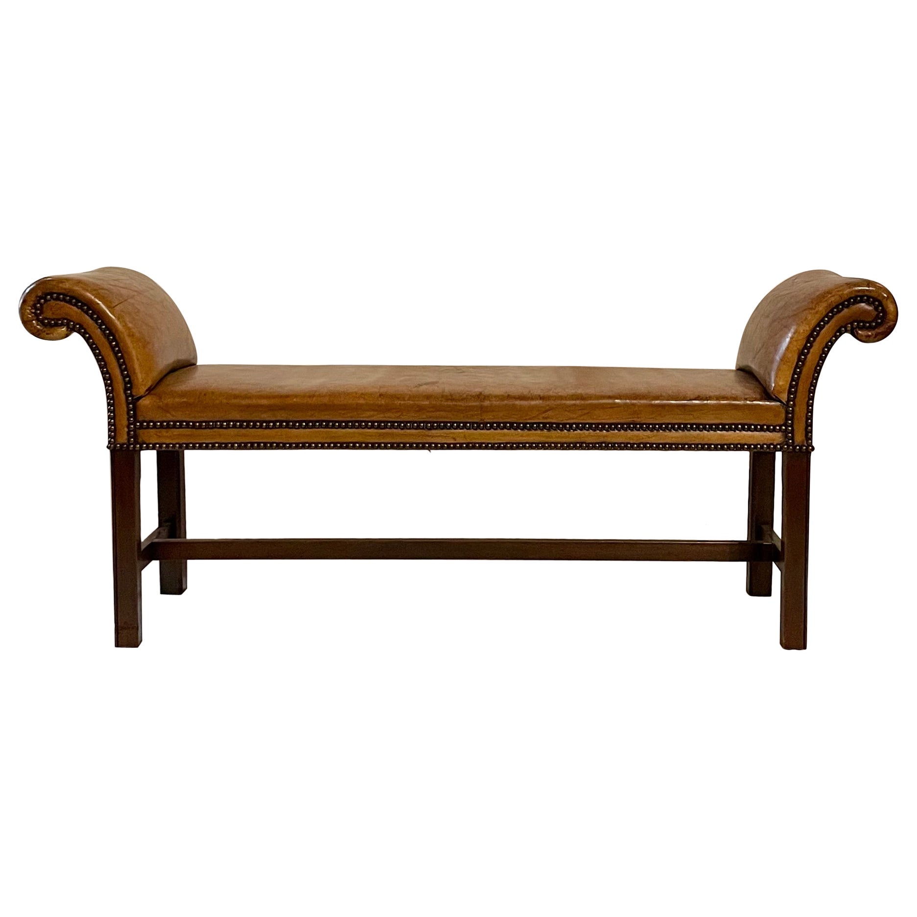 Antica panca inglese in pelle con pelle nuova, circa 1890. in vendita