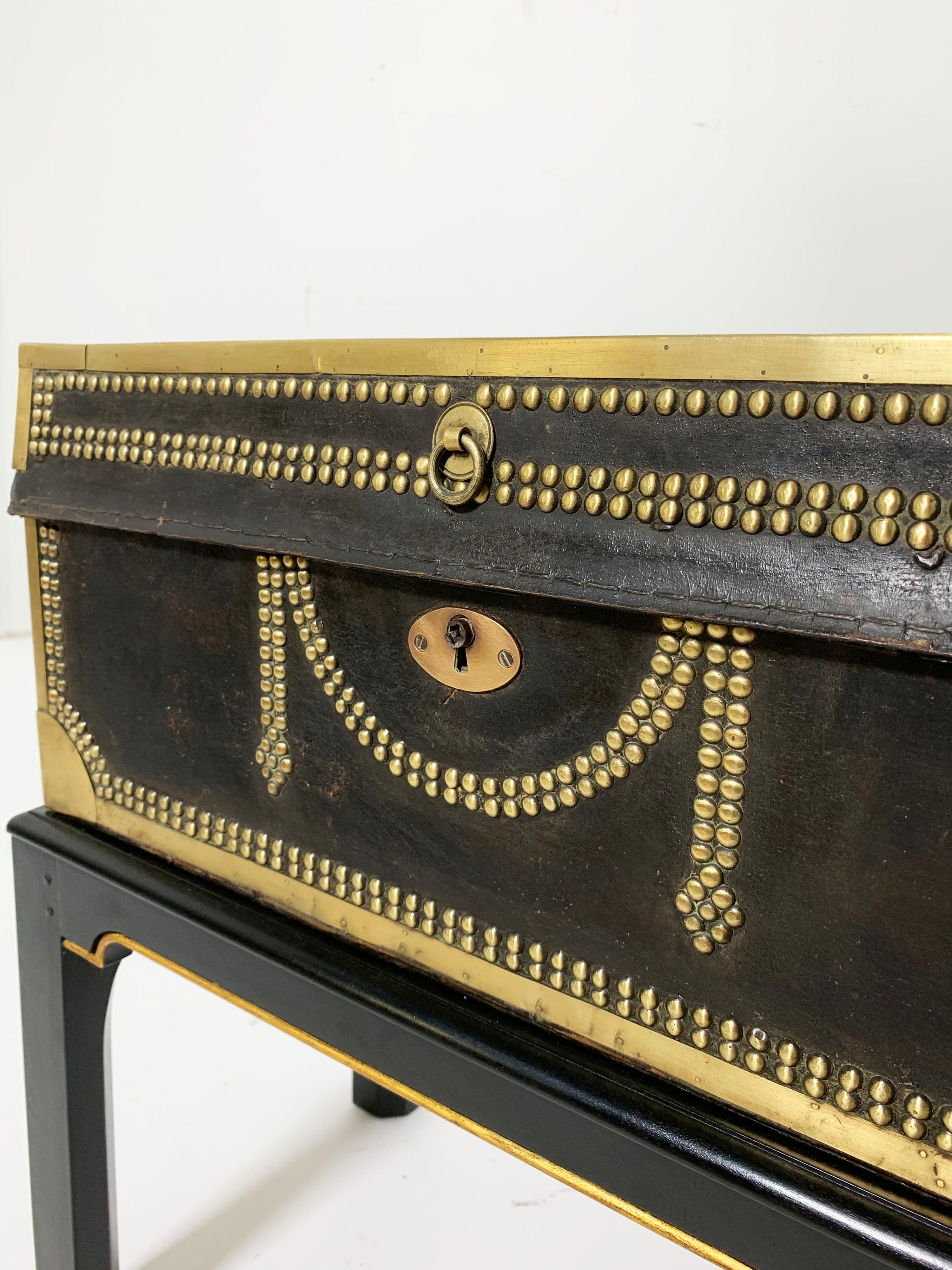 British Antique English Leather Blanket Camphor Wood Chest on Stand, circa 1820s