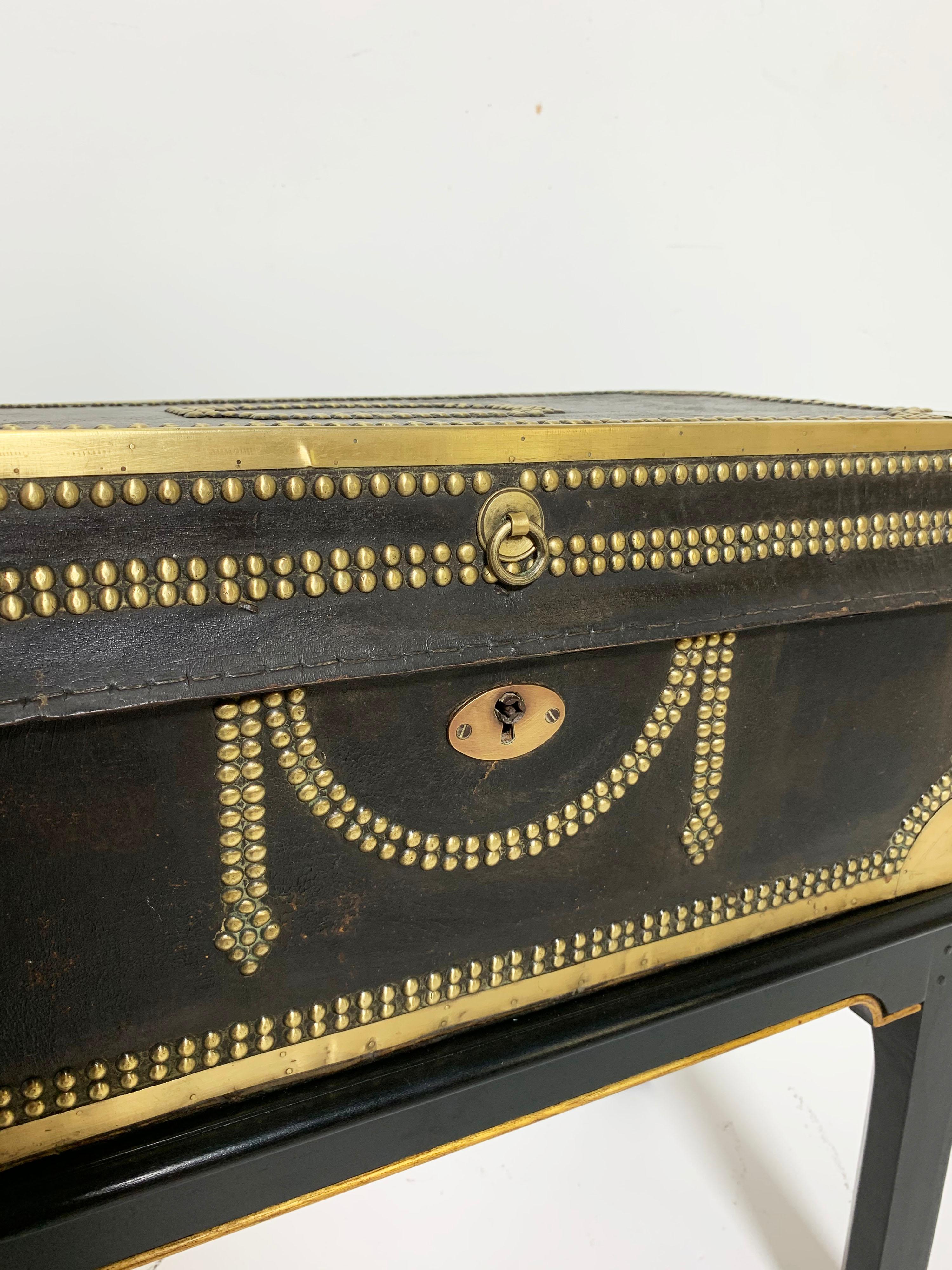Antique English Leather Blanket Camphor Wood Chest on Stand, circa 1820s In Good Condition In Peabody, MA