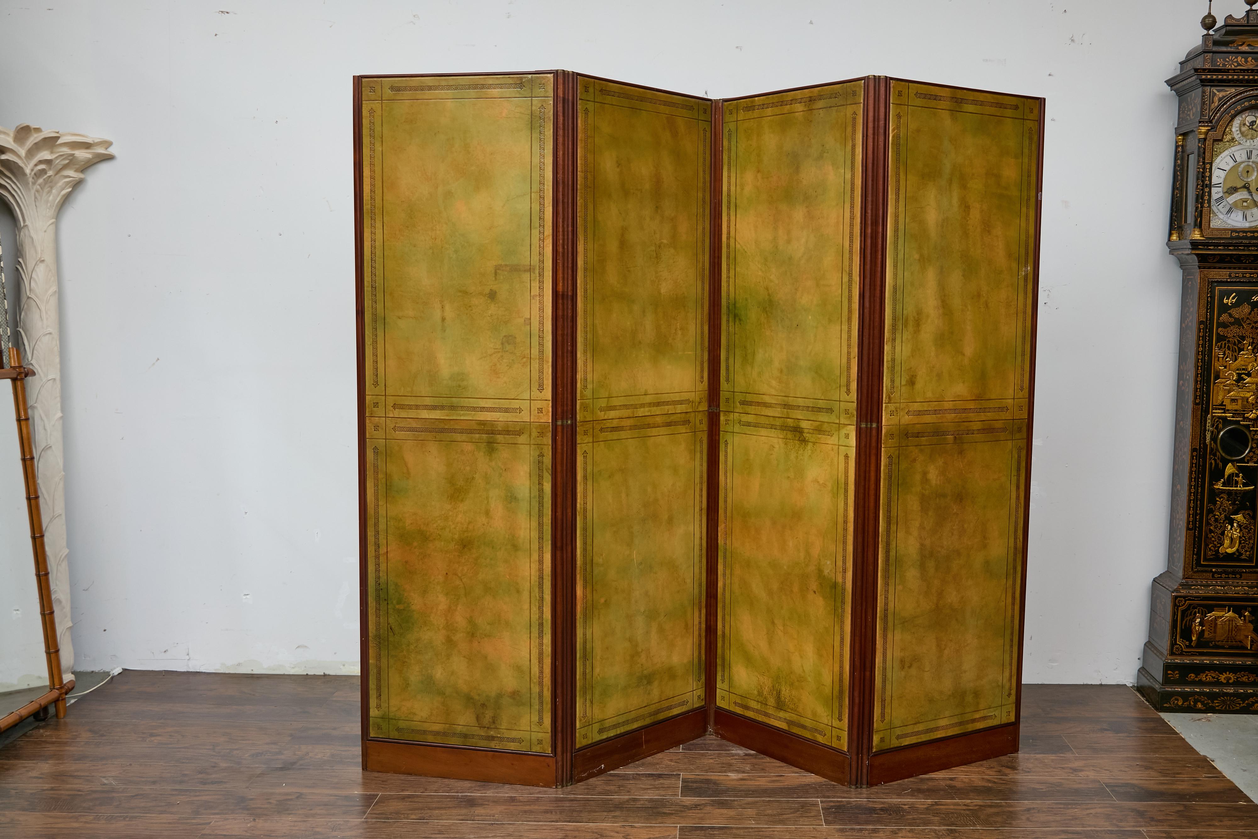 Antique English Leather Four-Panel Room Divider, Early 1900s Decorative Screen For Sale 5