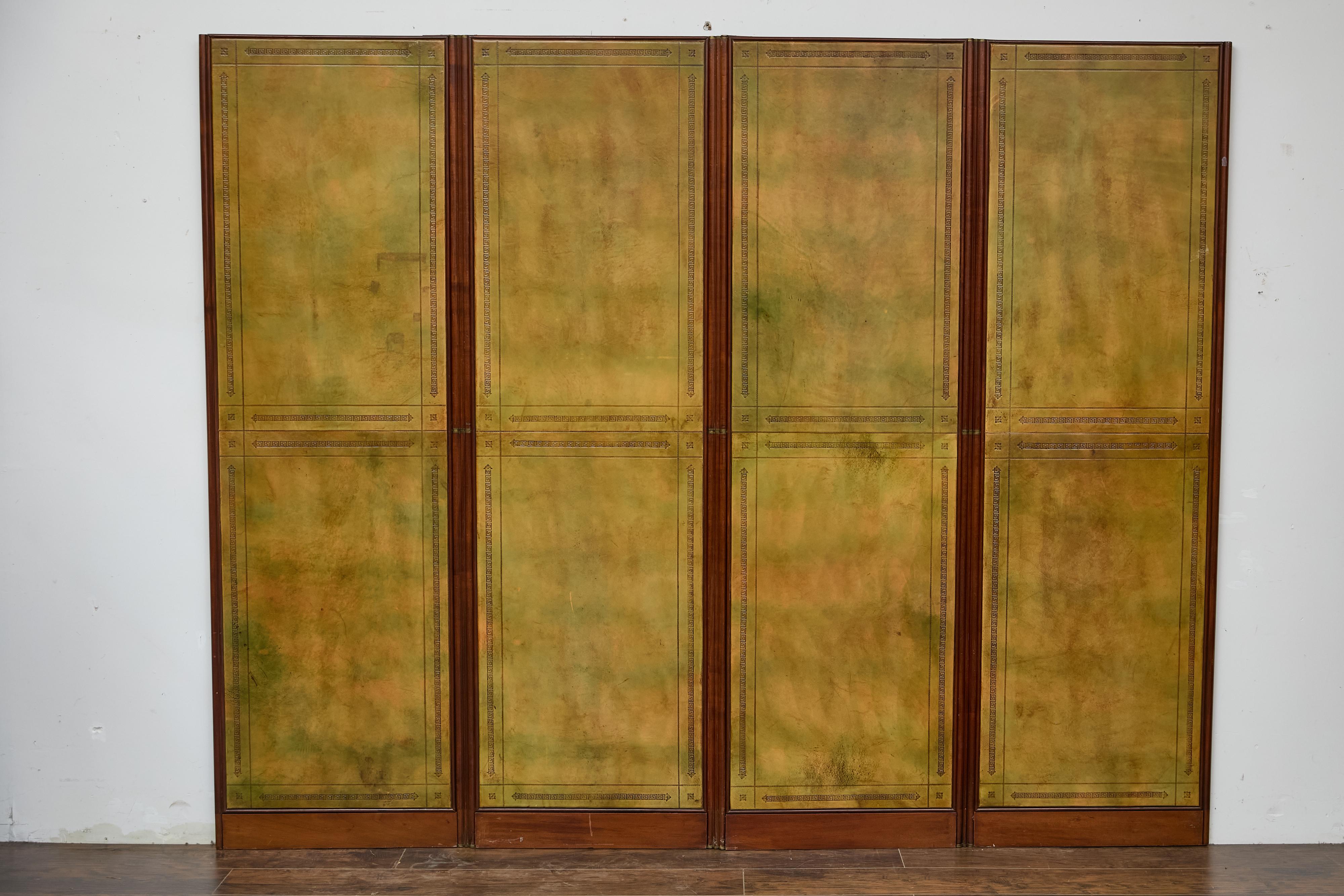 Antique English Leather Four-Panel Room Divider, Early 1900s Decorative Screen For Sale 7