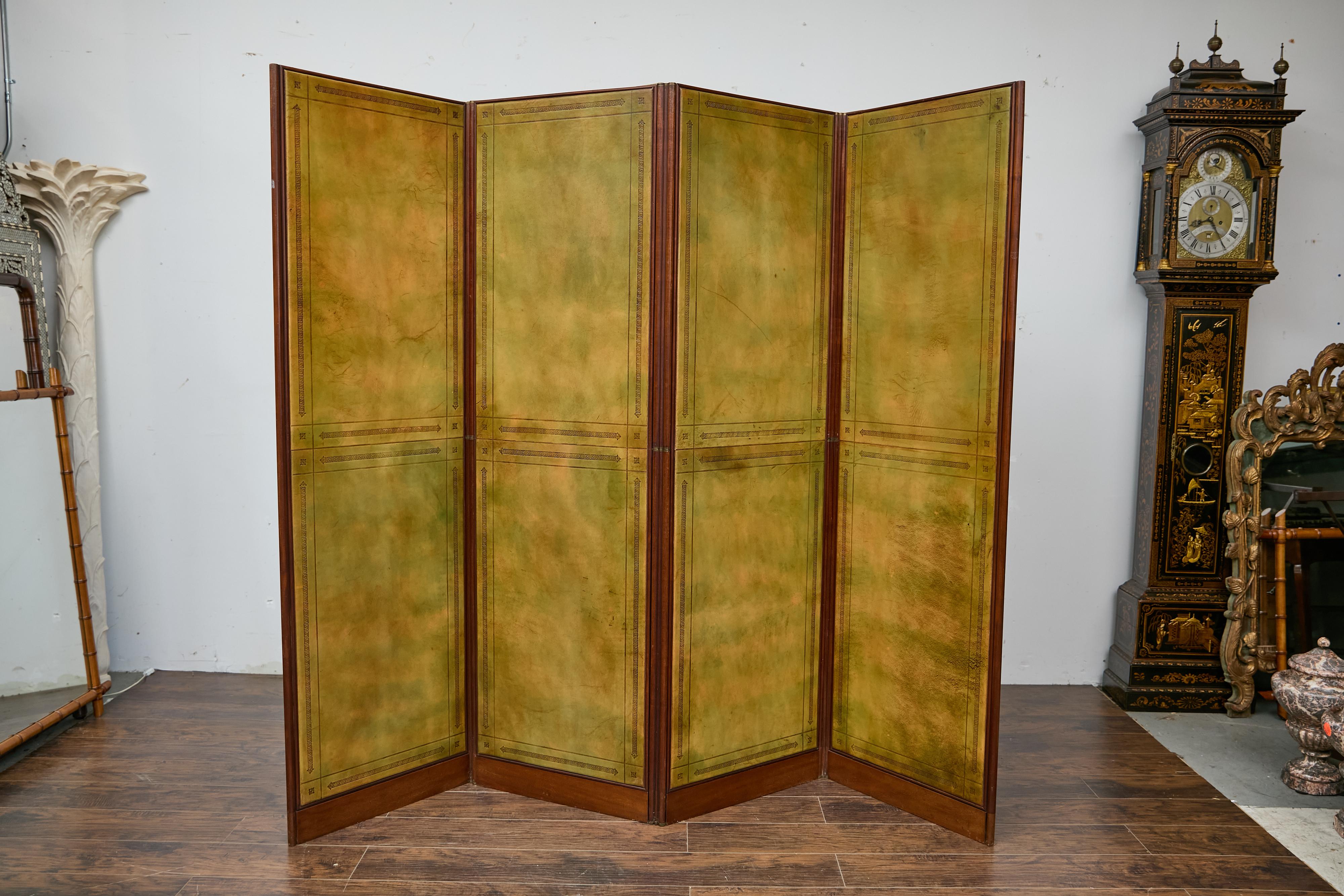 Antique English Leather Four-Panel Room Divider, Early 1900s Decorative Screen For Sale 15