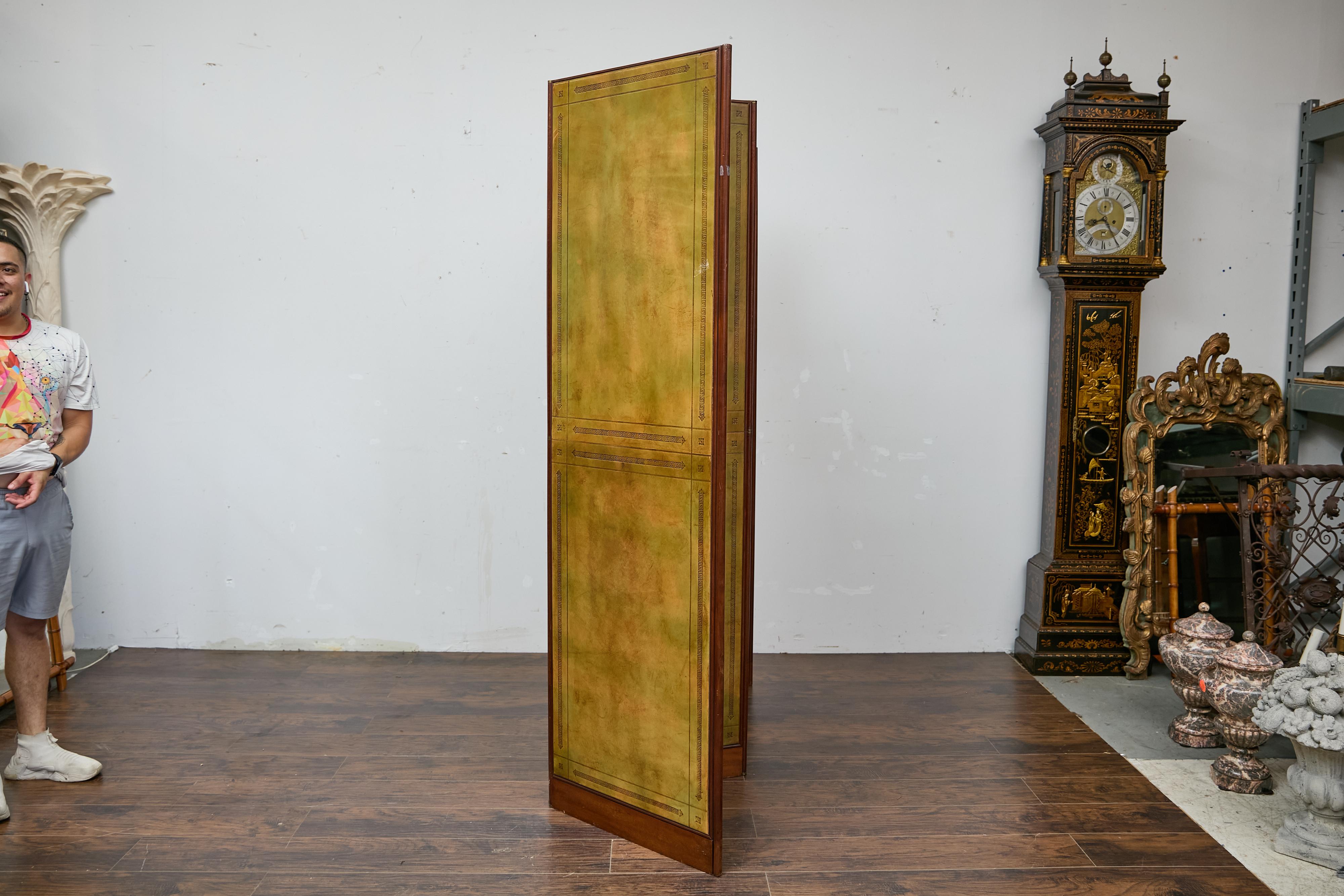 20th Century Antique English Leather Four-Panel Room Divider, Early 1900s Decorative Screen For Sale