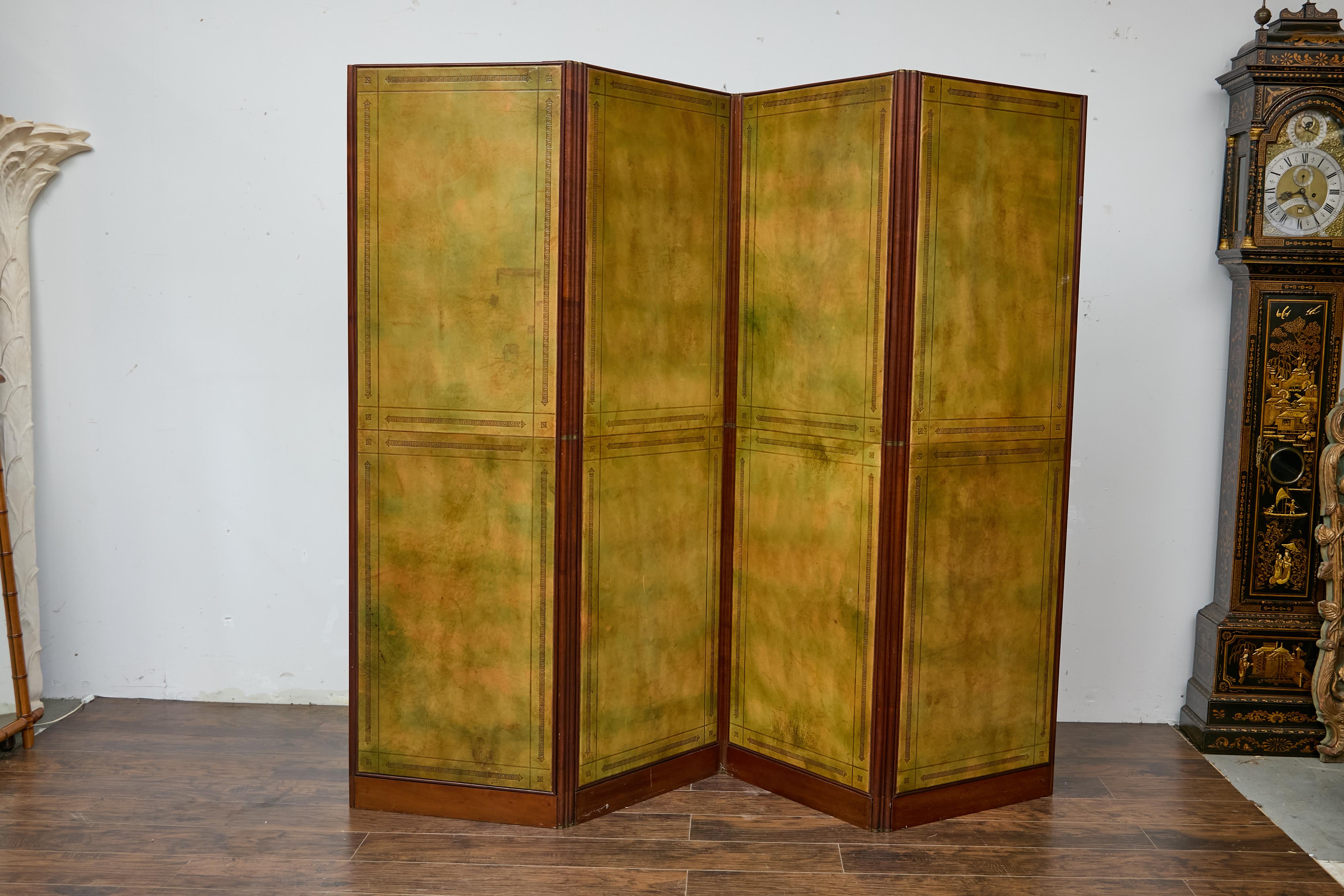 Antique English Leather Four-Panel Room Divider, Early 1900s Decorative Screen For Sale 3
