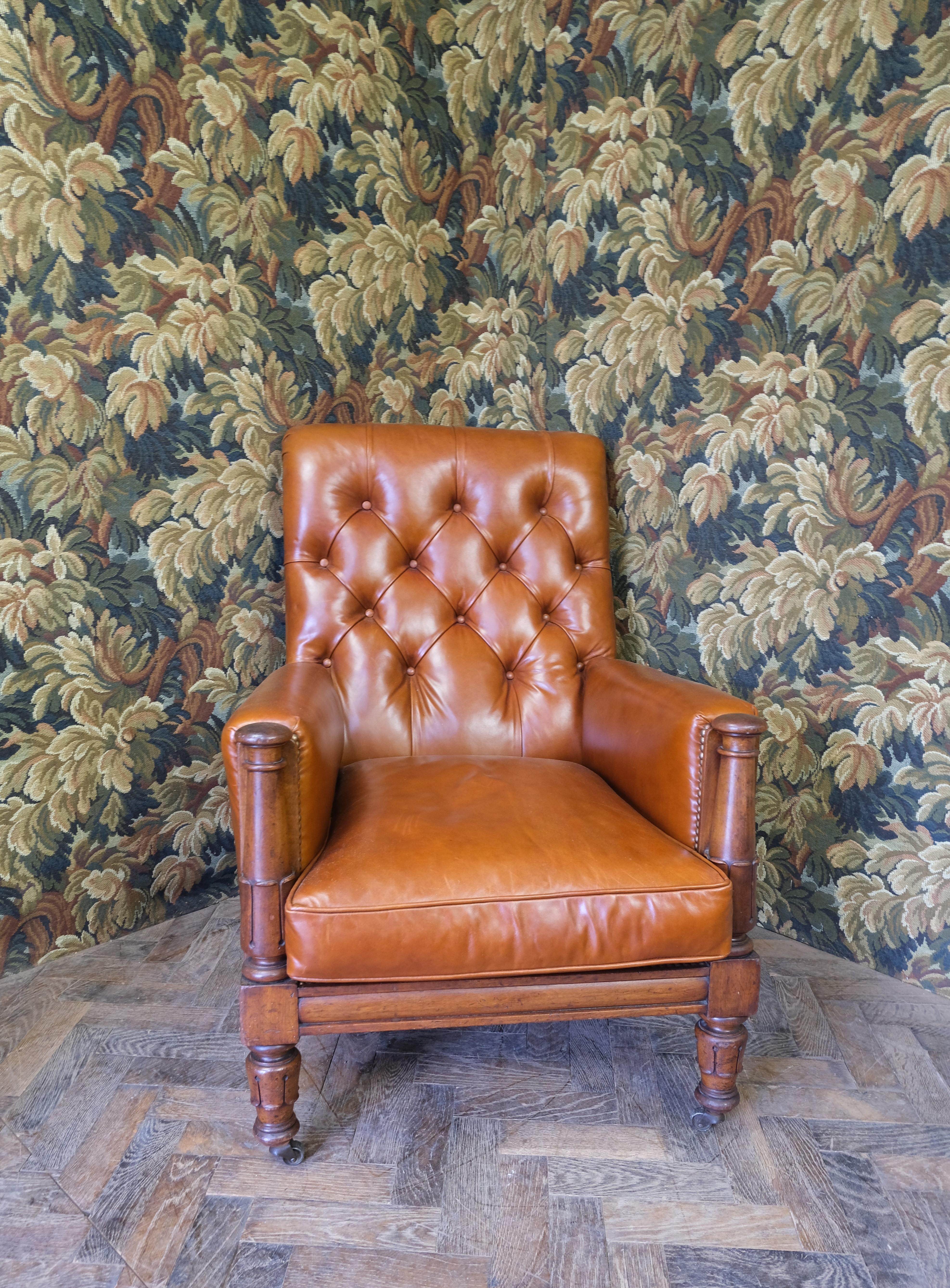 Turned Antique English Leather library armchair