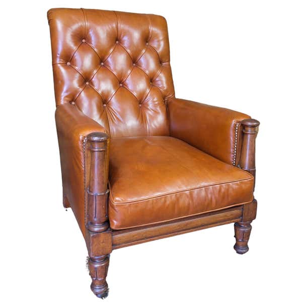 Antique English Leather library armchair For Sale at 1stDibs