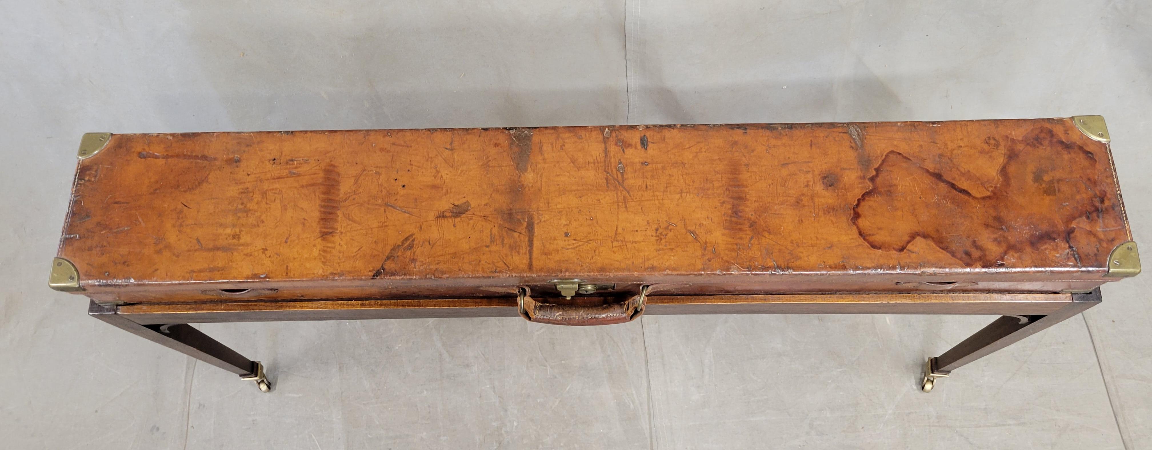 Hand-Crafted Antique English Leather Rifle Case and Mahogany Console Table
