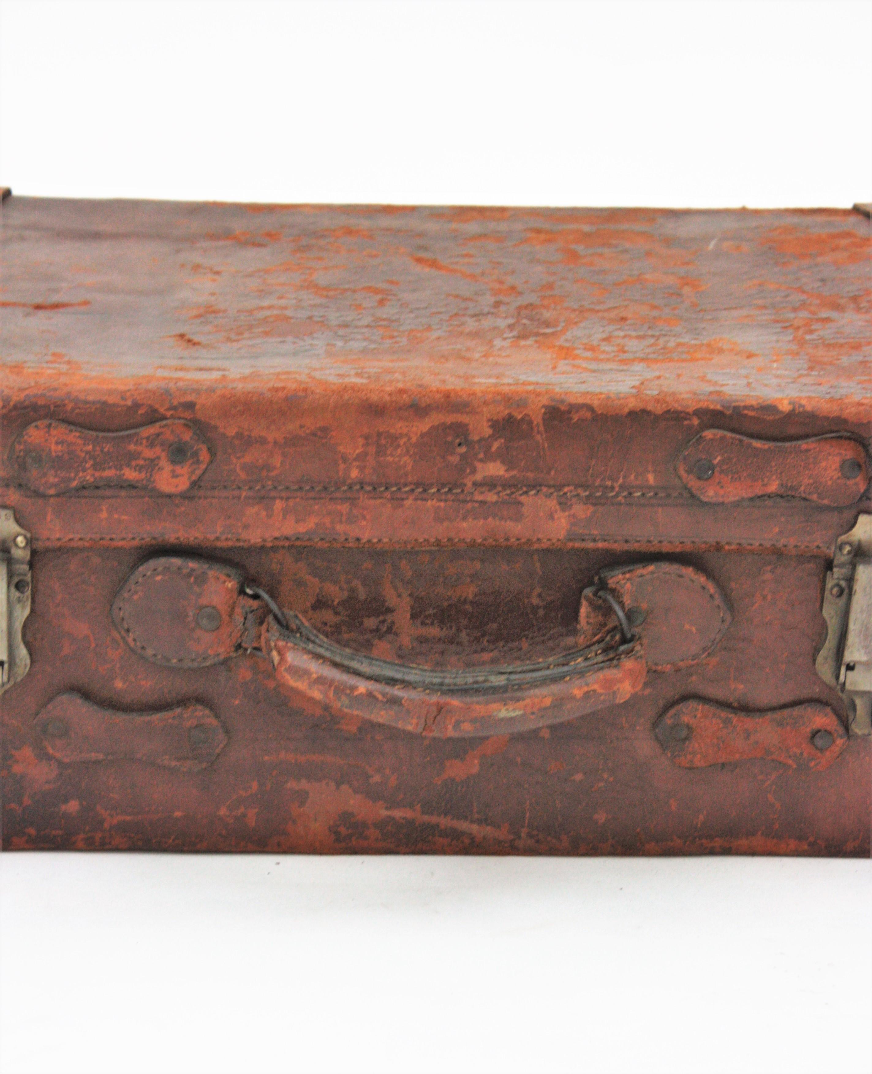 Art Deco Antique English Leather Suitcase For Sale